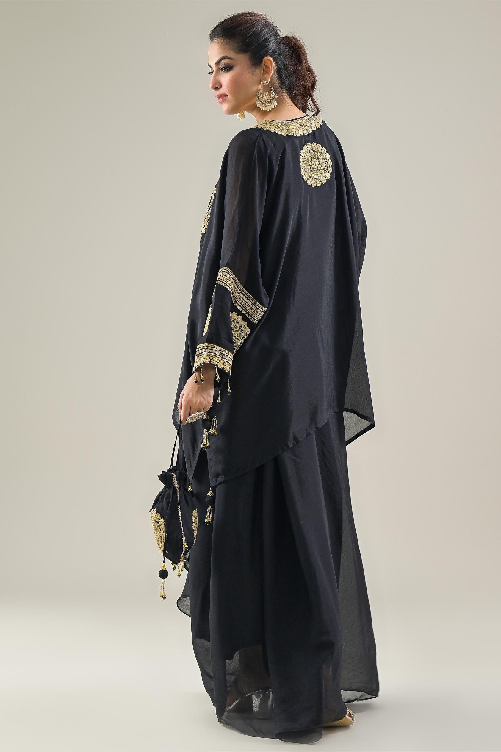 Black Embroidered Chinon Silk Kaftan-Skirt Set