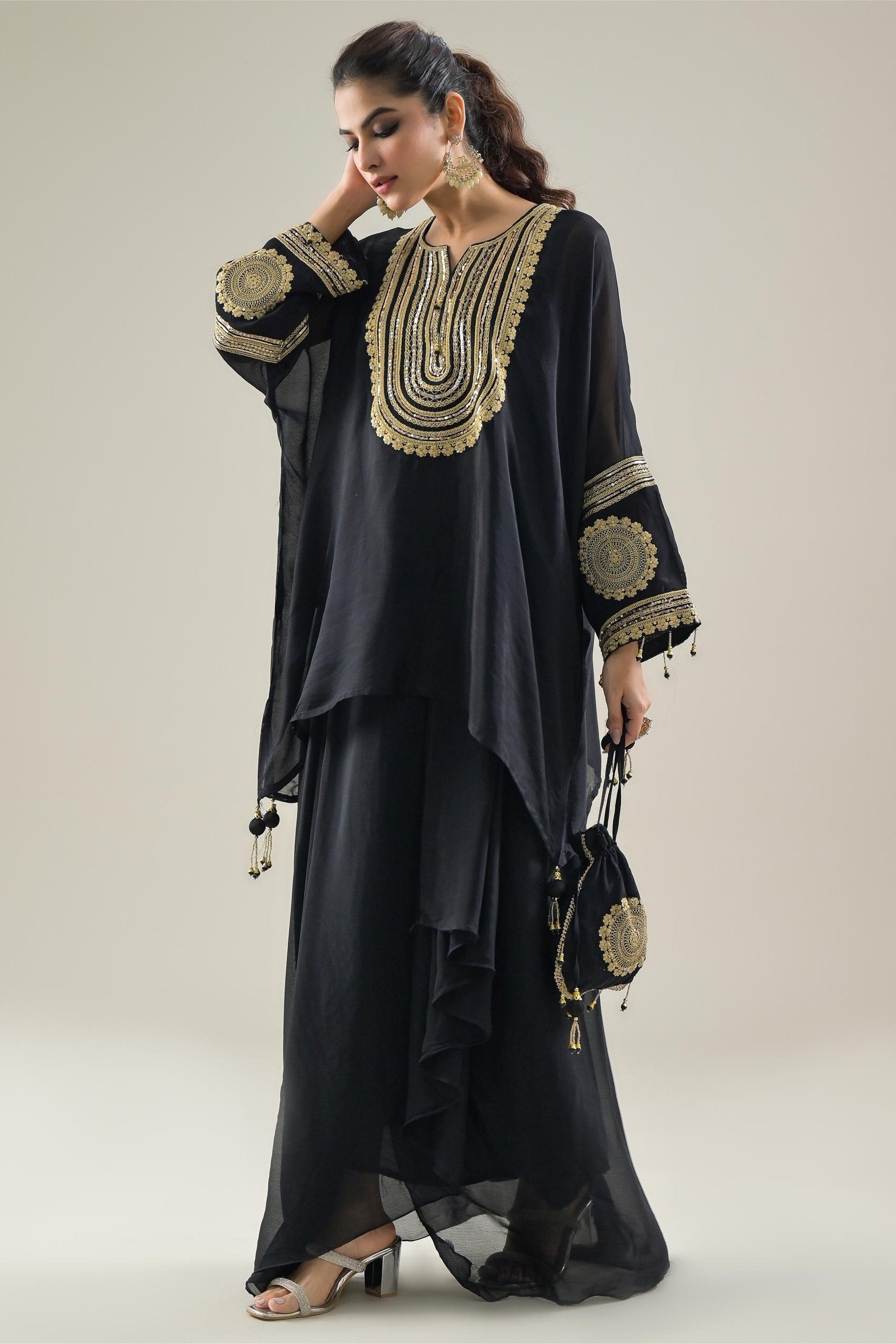 Black Embroidered Chinon Silk Kaftan-Skirt Set