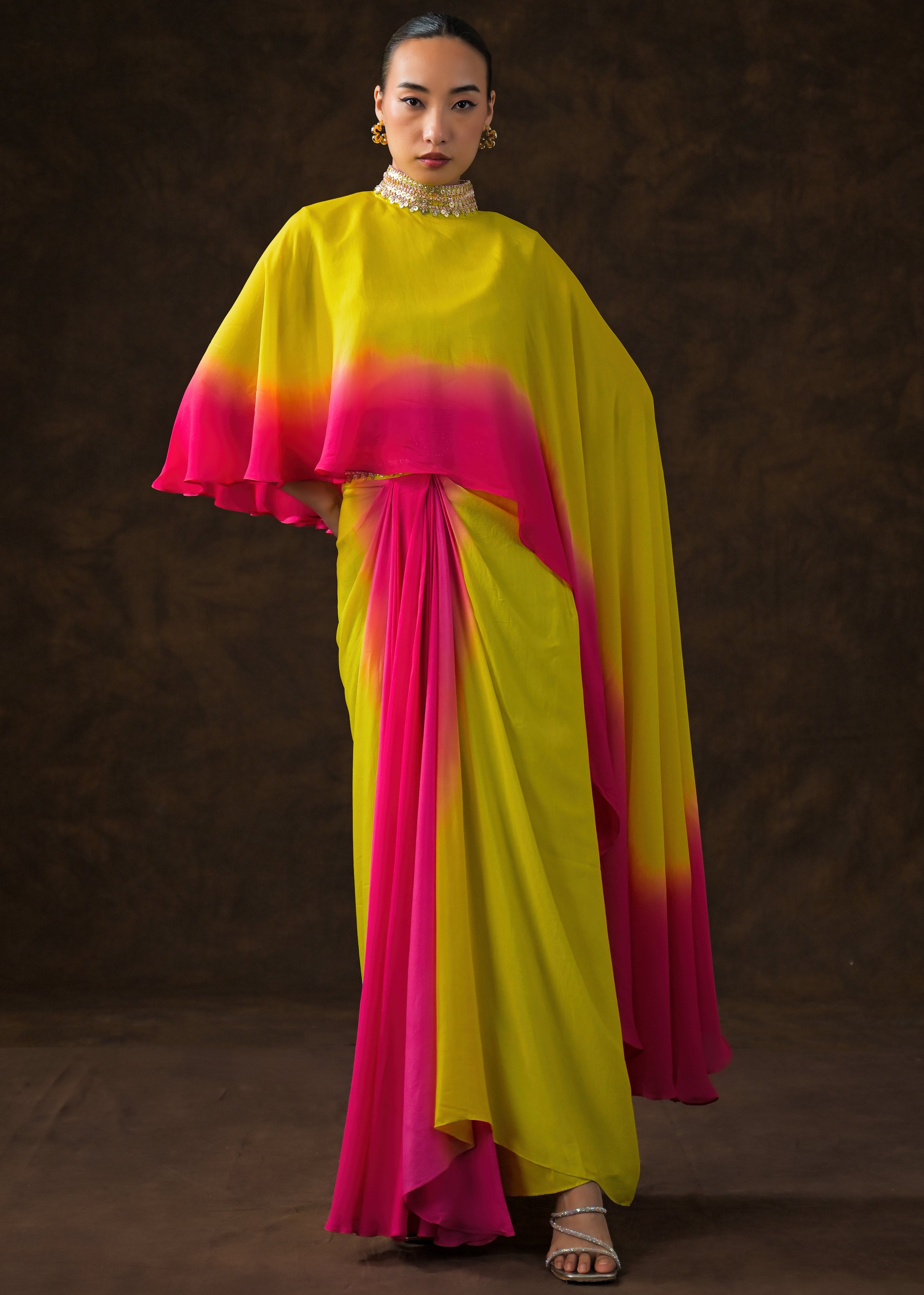 Neon Yellow Embellished Georgette Silk Skirt Set