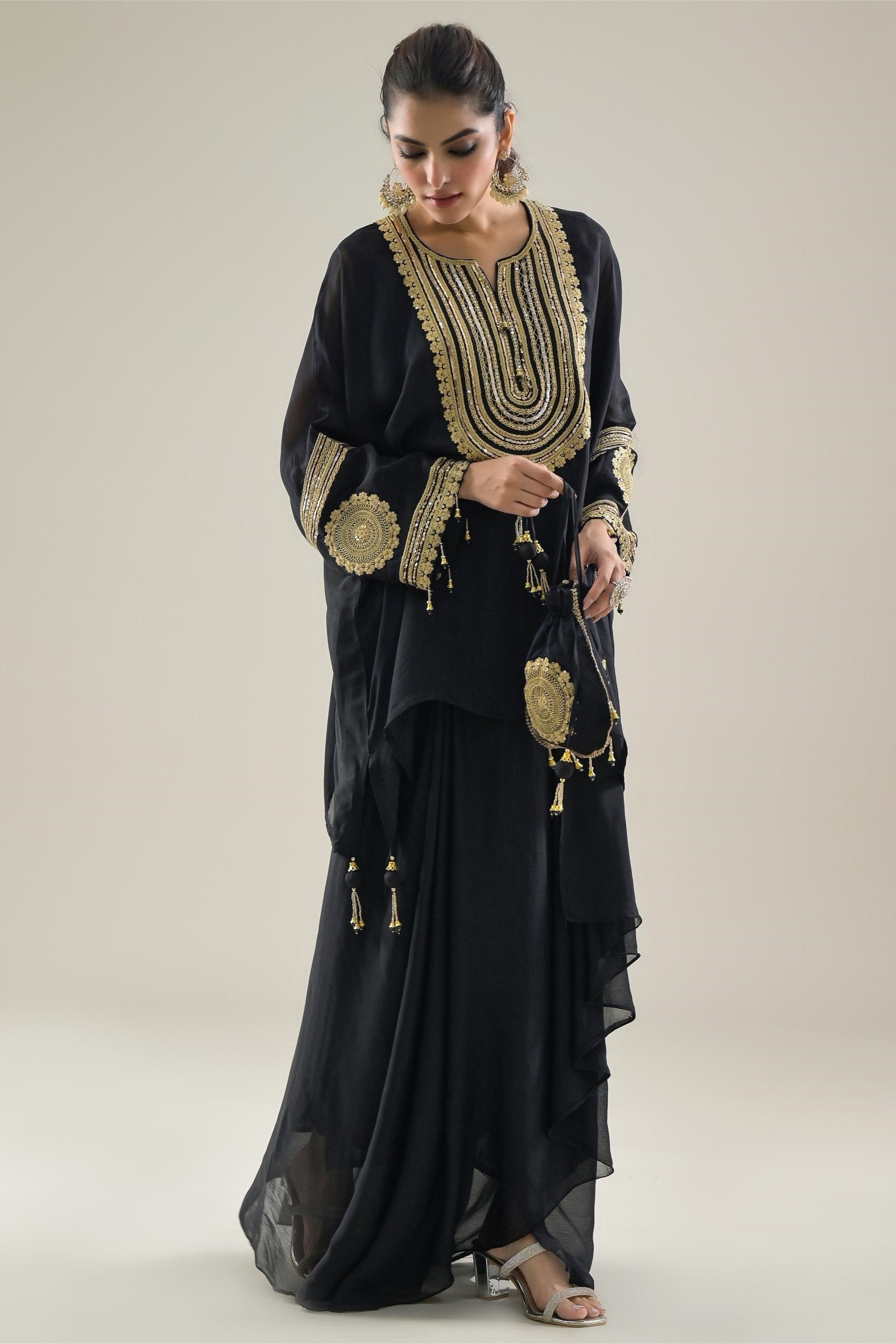 Black Embroidered Chinon Silk Kaftan-Skirt Set