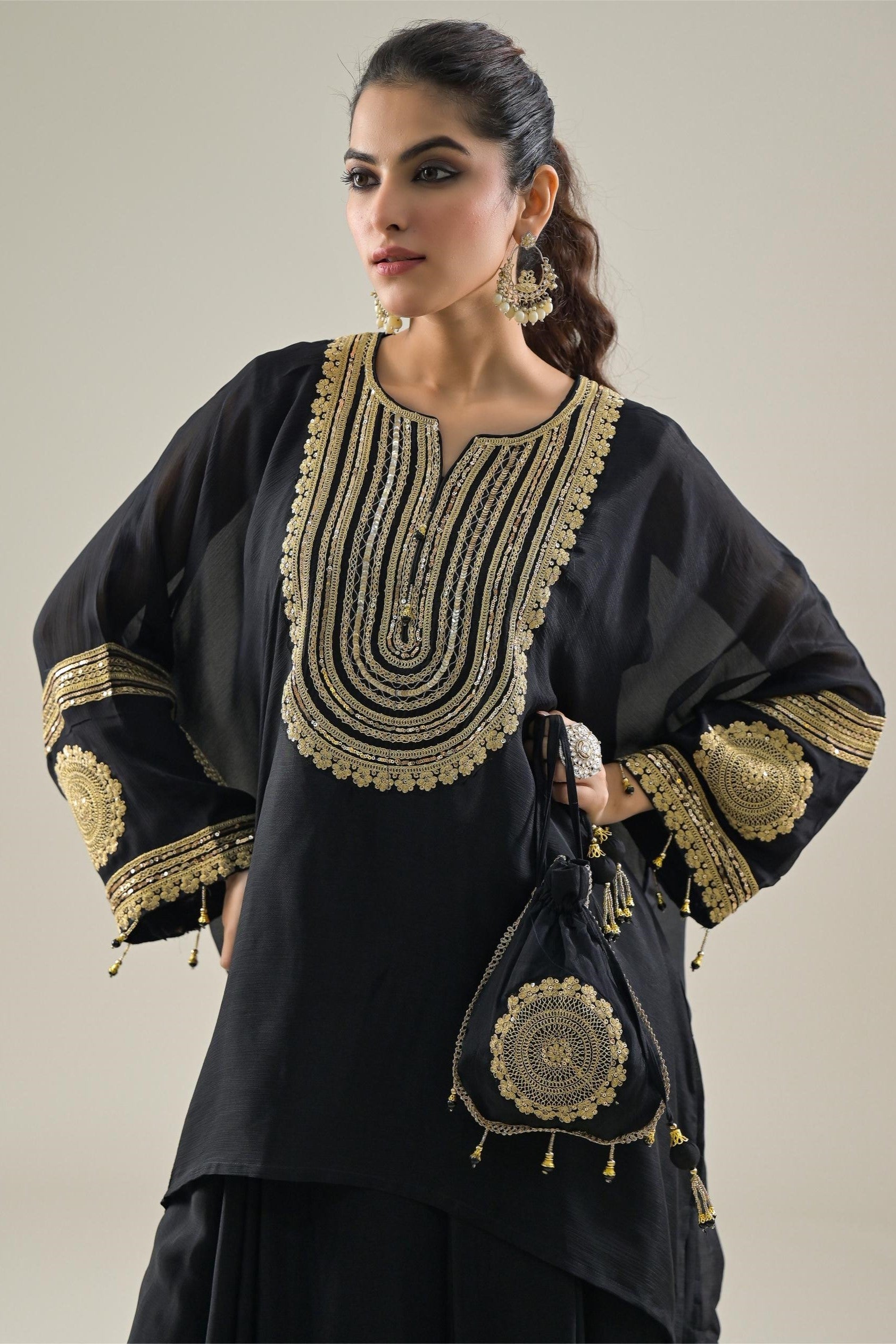 Black Embroidered Chinon Silk Kaftan-Skirt Set