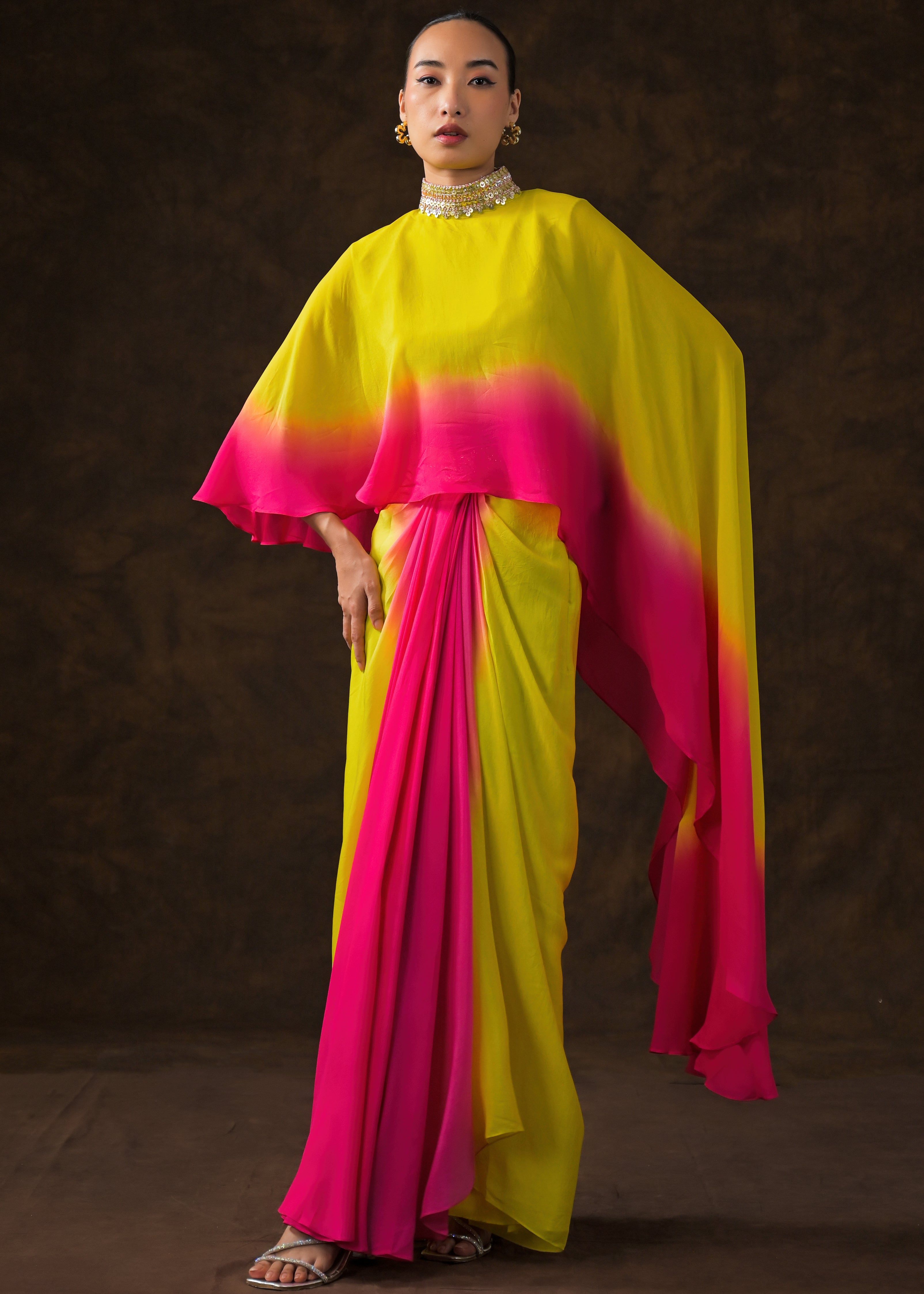 Neon Yellow Embellished Georgette Silk Skirt Set