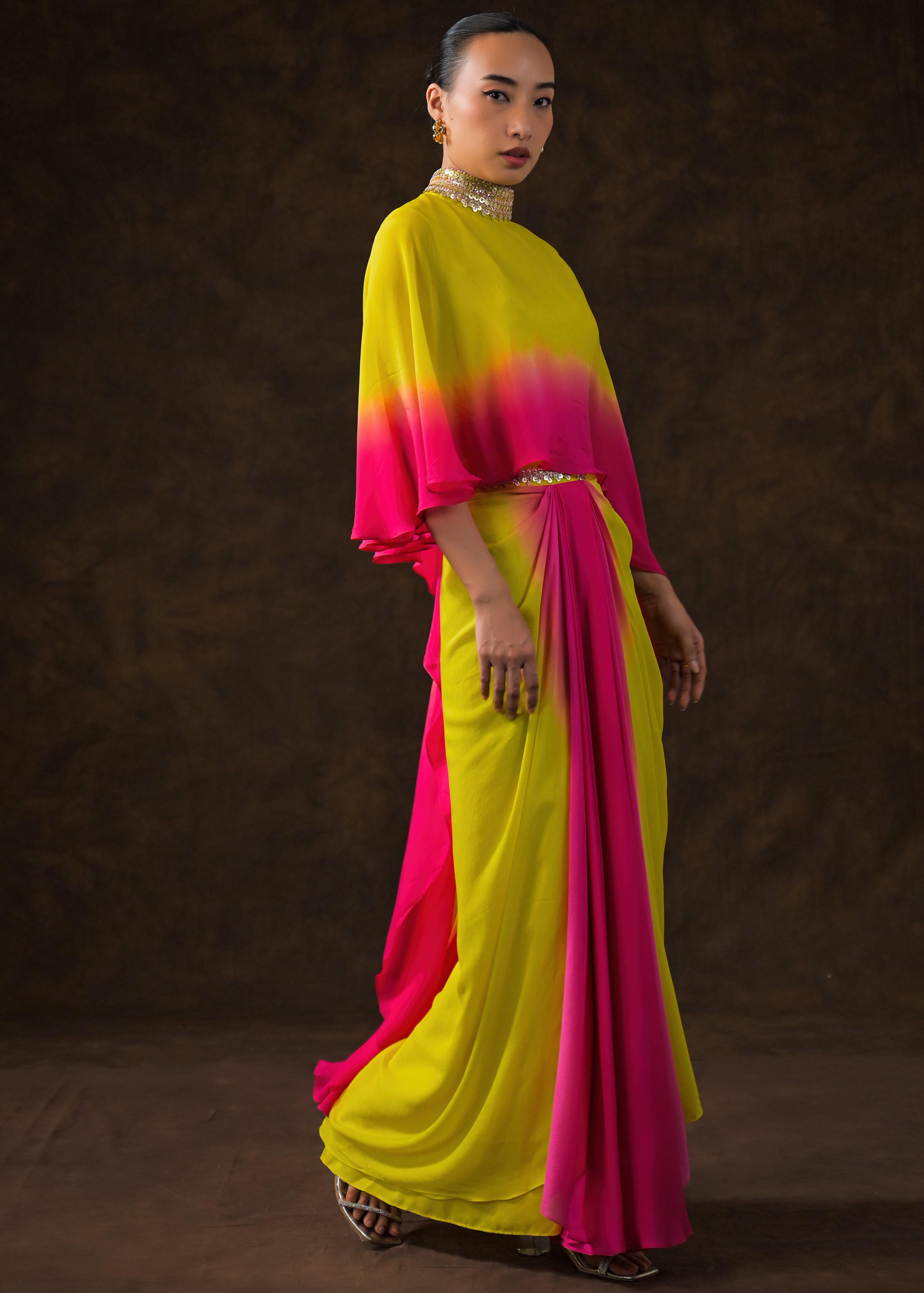 Neon Yellow Embellished Georgette Silk Skirt Set