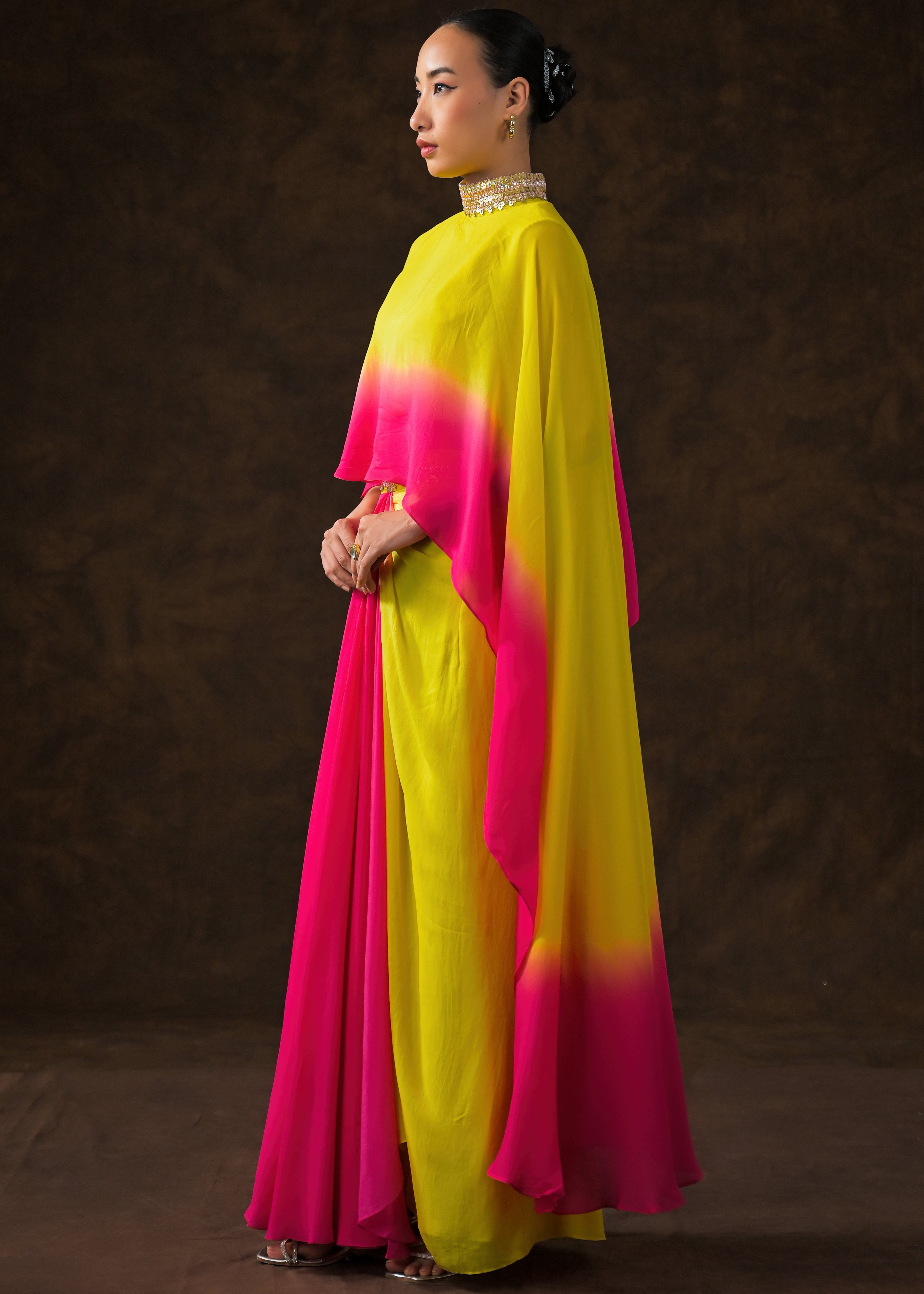 Neon Yellow Embellished Georgette Silk Skirt Set