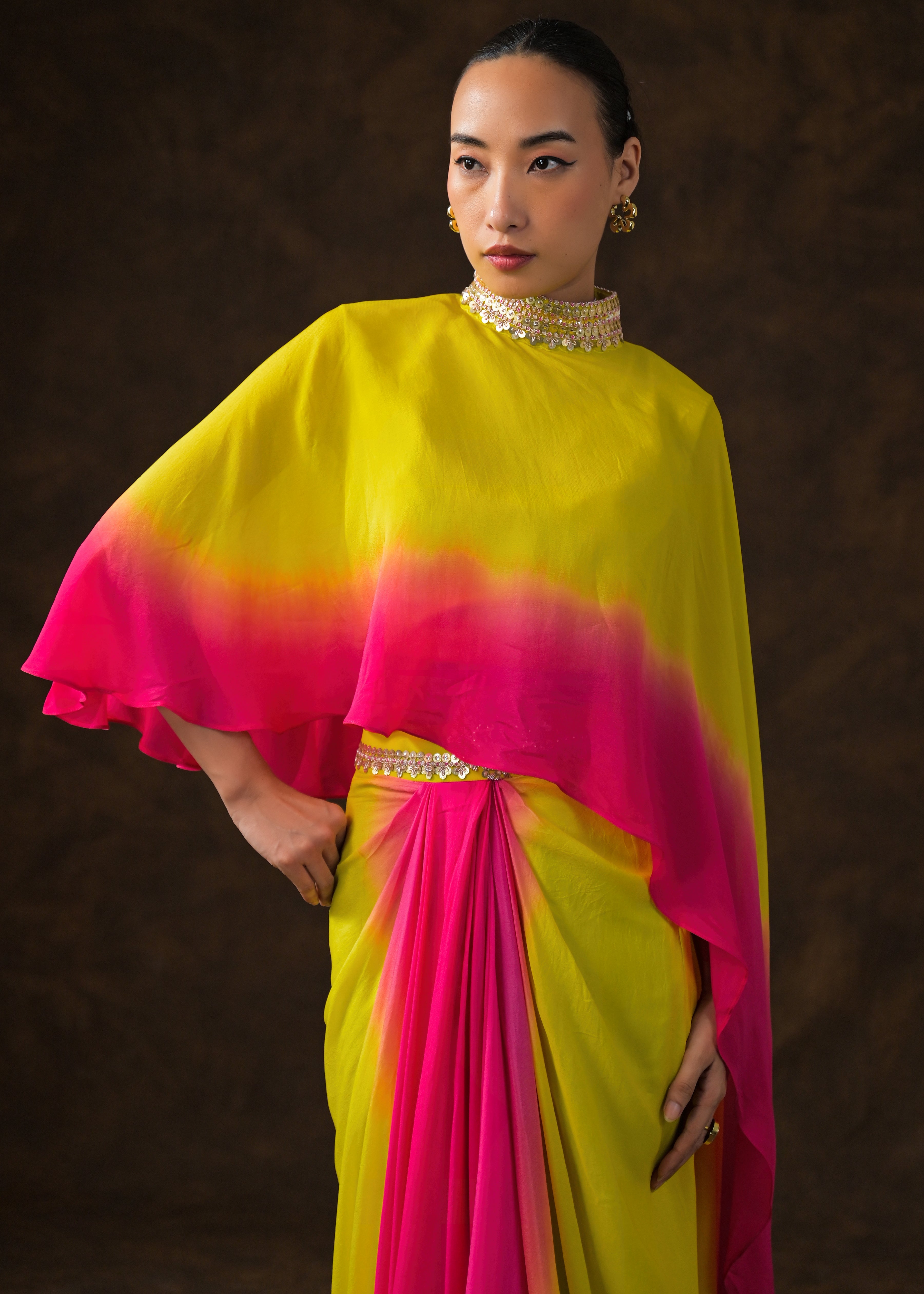 Neon Yellow Embellished Georgette Silk Skirt Set