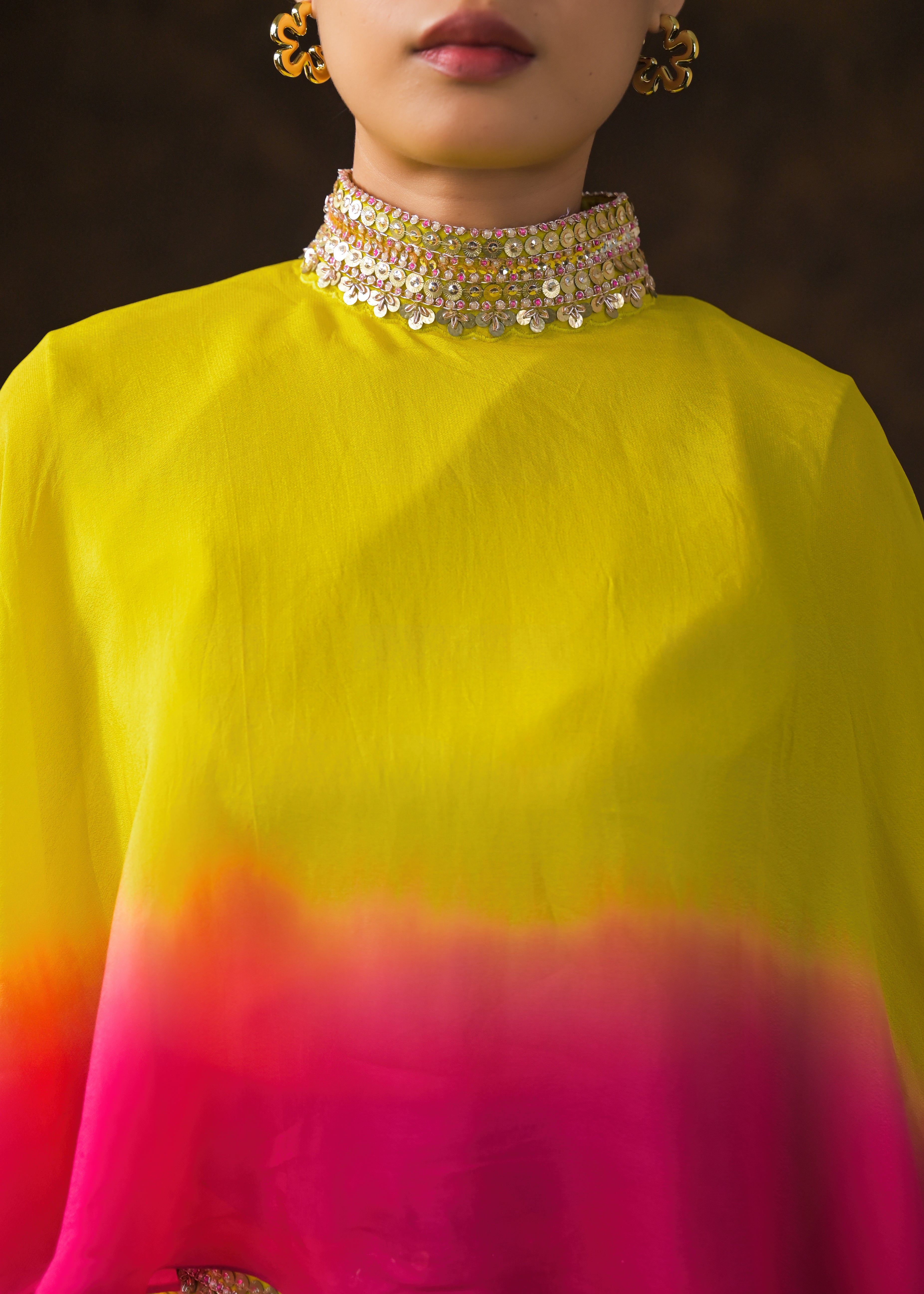 Neon Yellow Embellished Georgette Silk Skirt Set