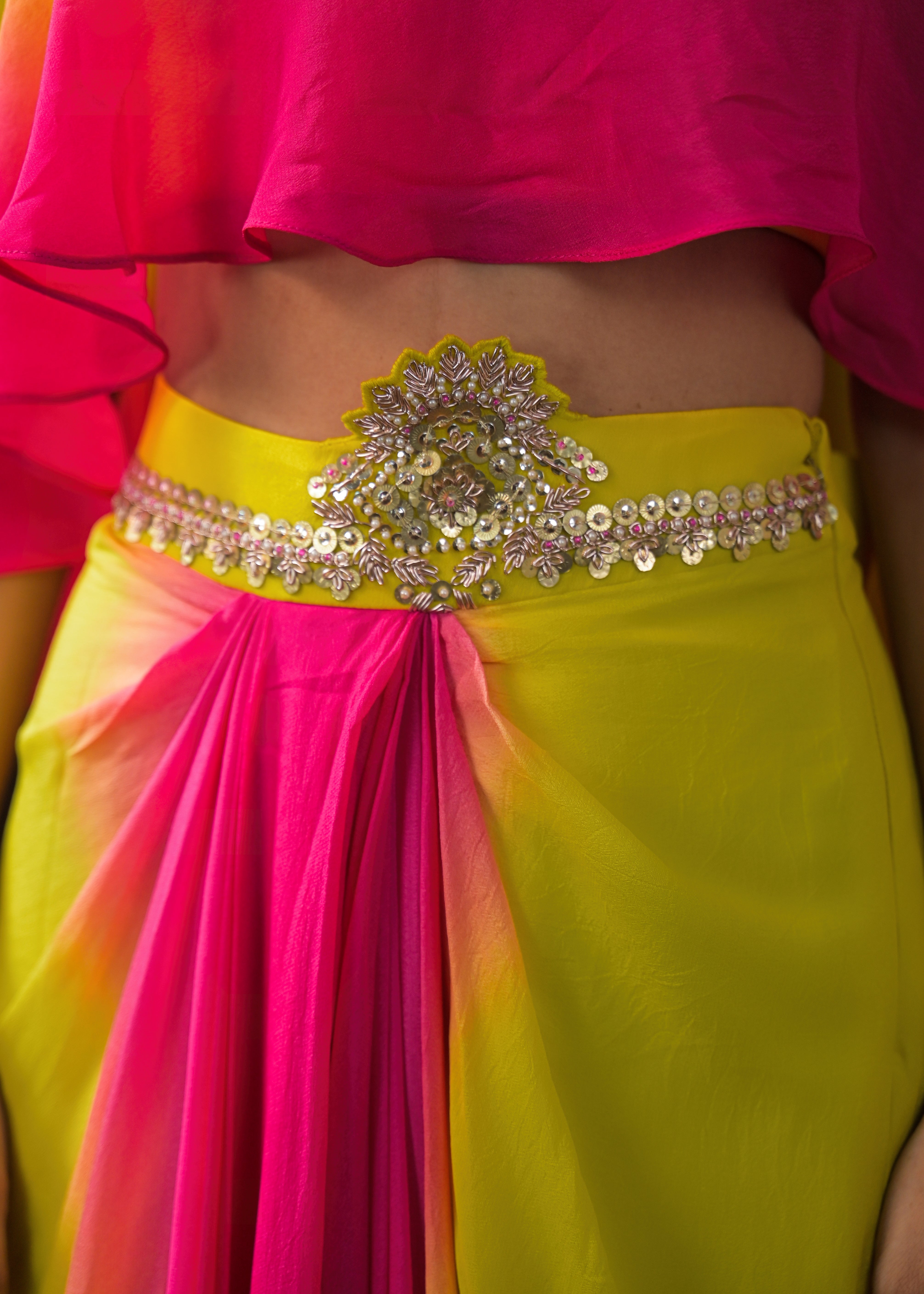 Neon Yellow Embellished Georgette Silk Skirt Set