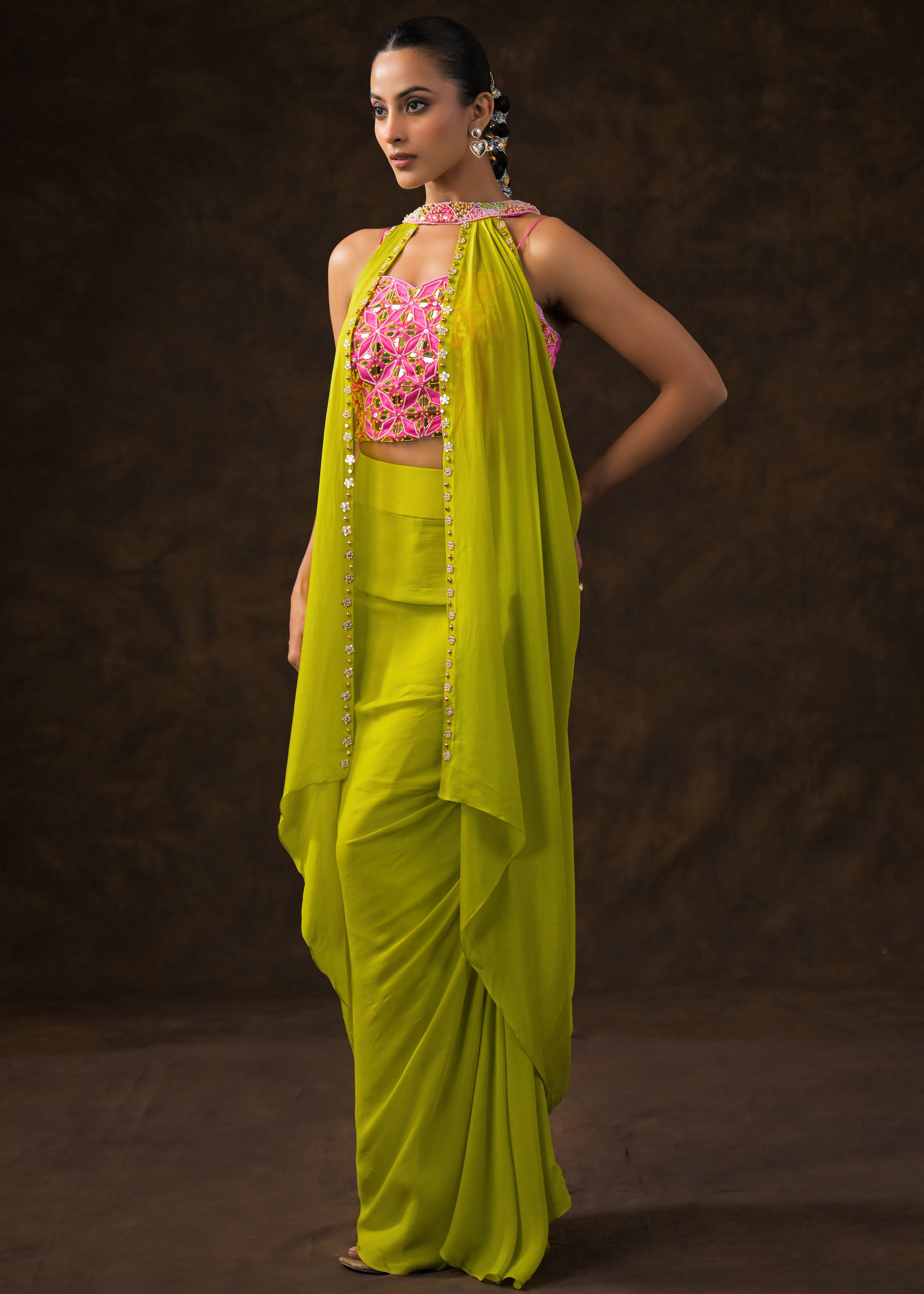Parrort Green Embellished Chinon Silk Cape Set