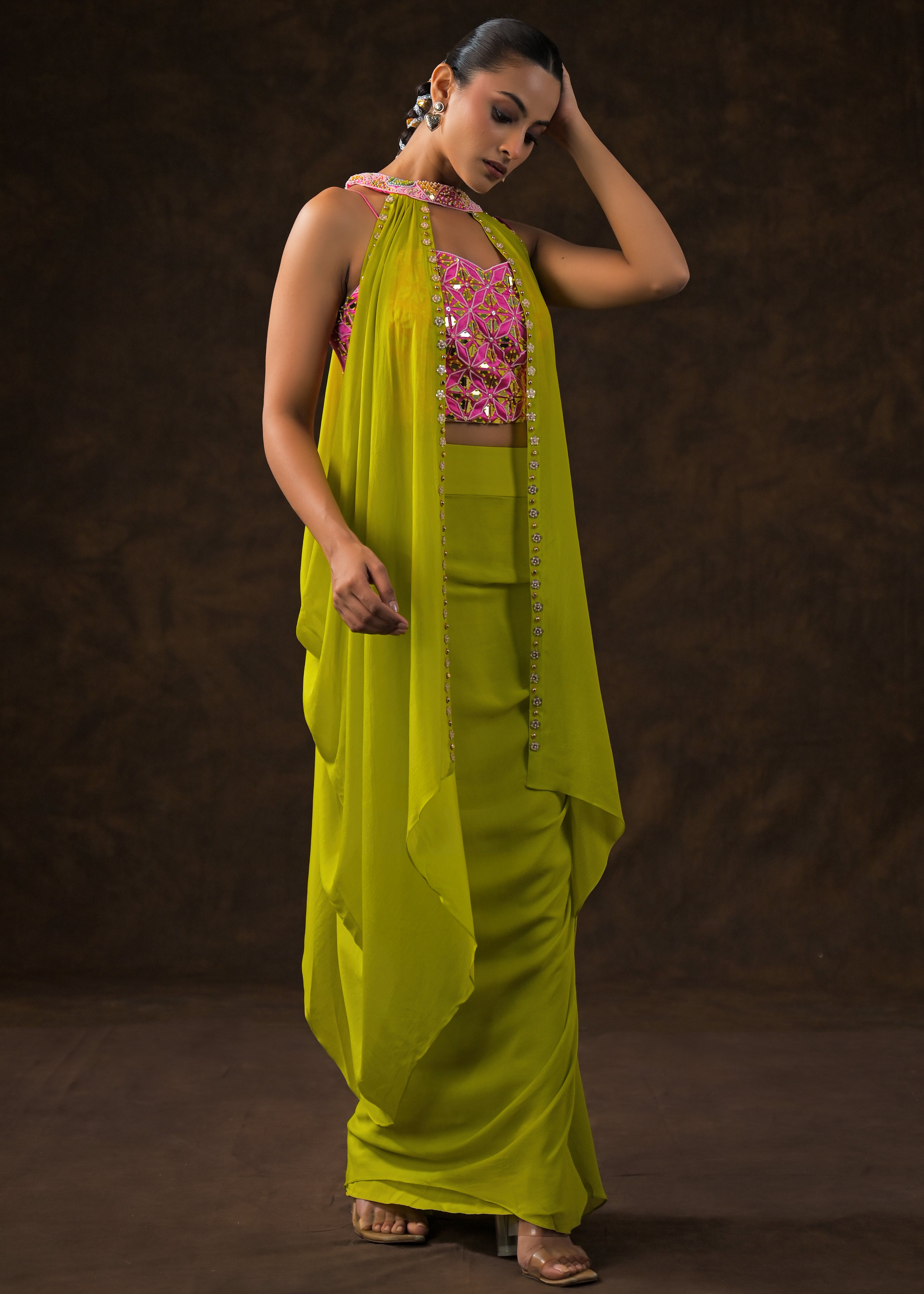 Parrort Green Embellished Chinon Silk Cape Set