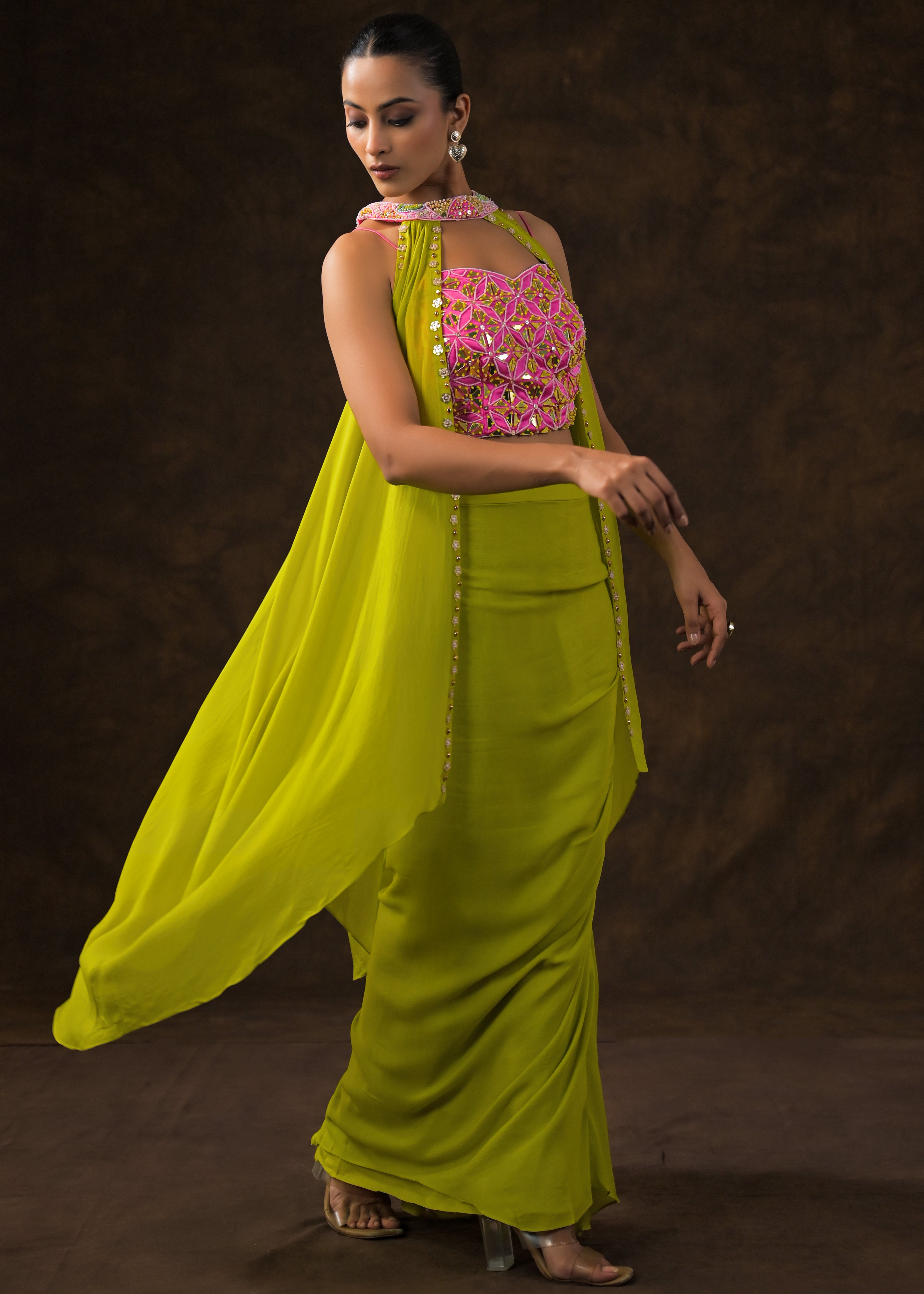 Parrort Green Embellished Chinon Silk Cape Set
