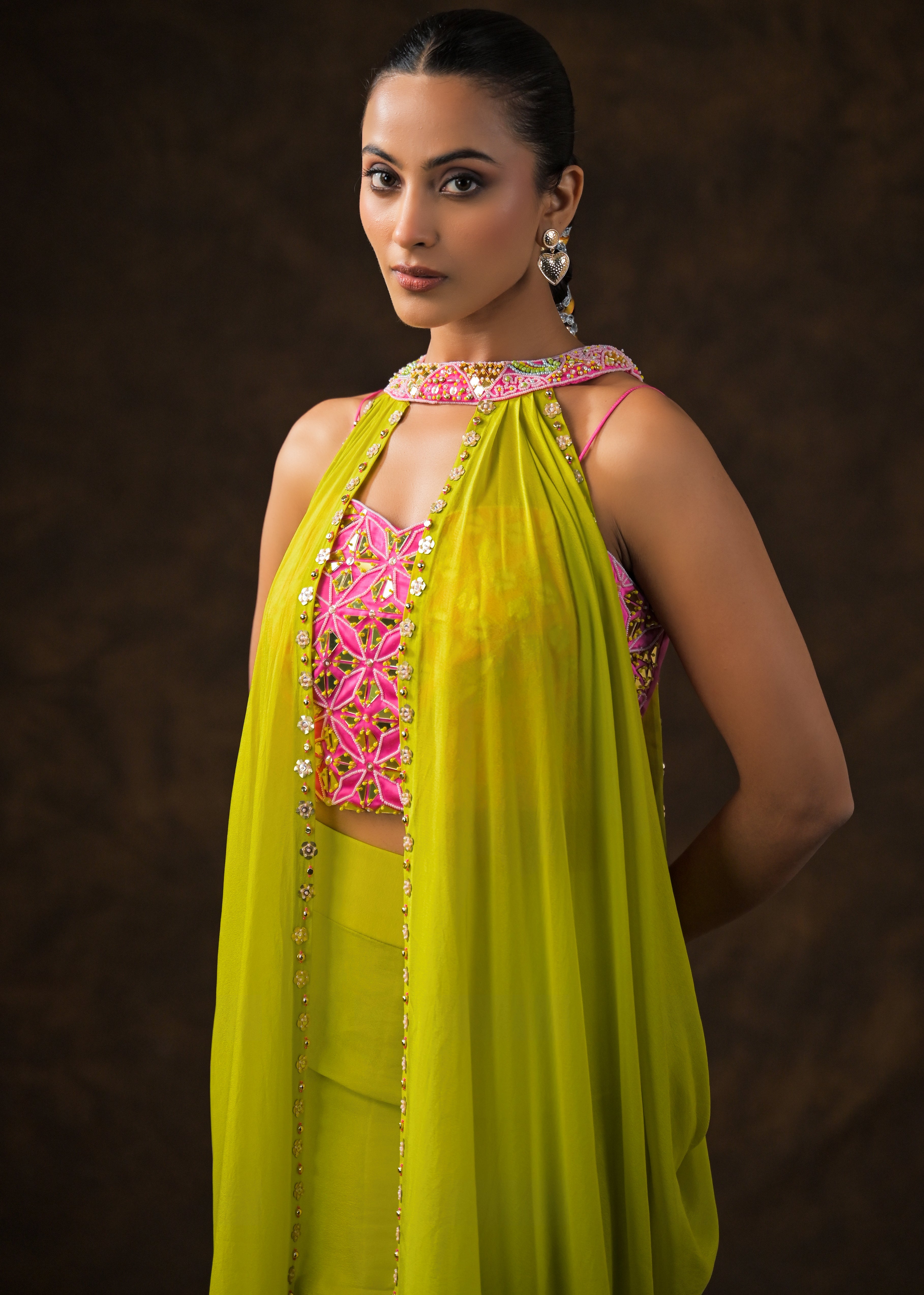 Parrort Green Embellished Chinon Silk Cape Set