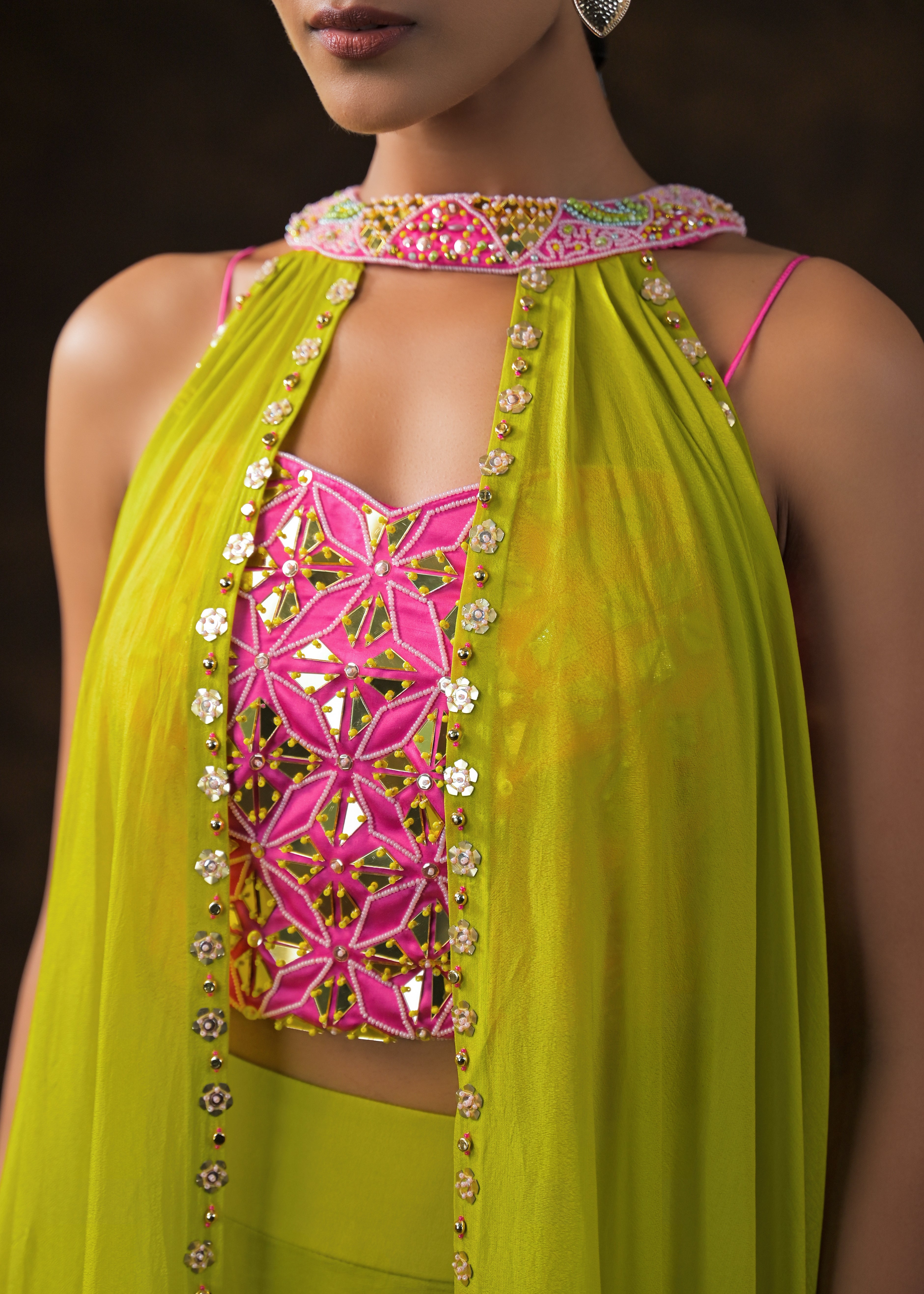 Parrort Green Embellished Chinon Silk Cape Set