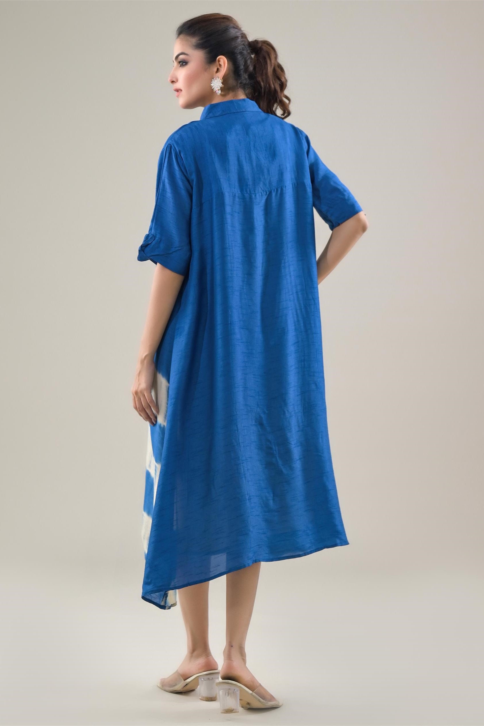 Blue Tie-Dye Raw Silk Dress With Shrug