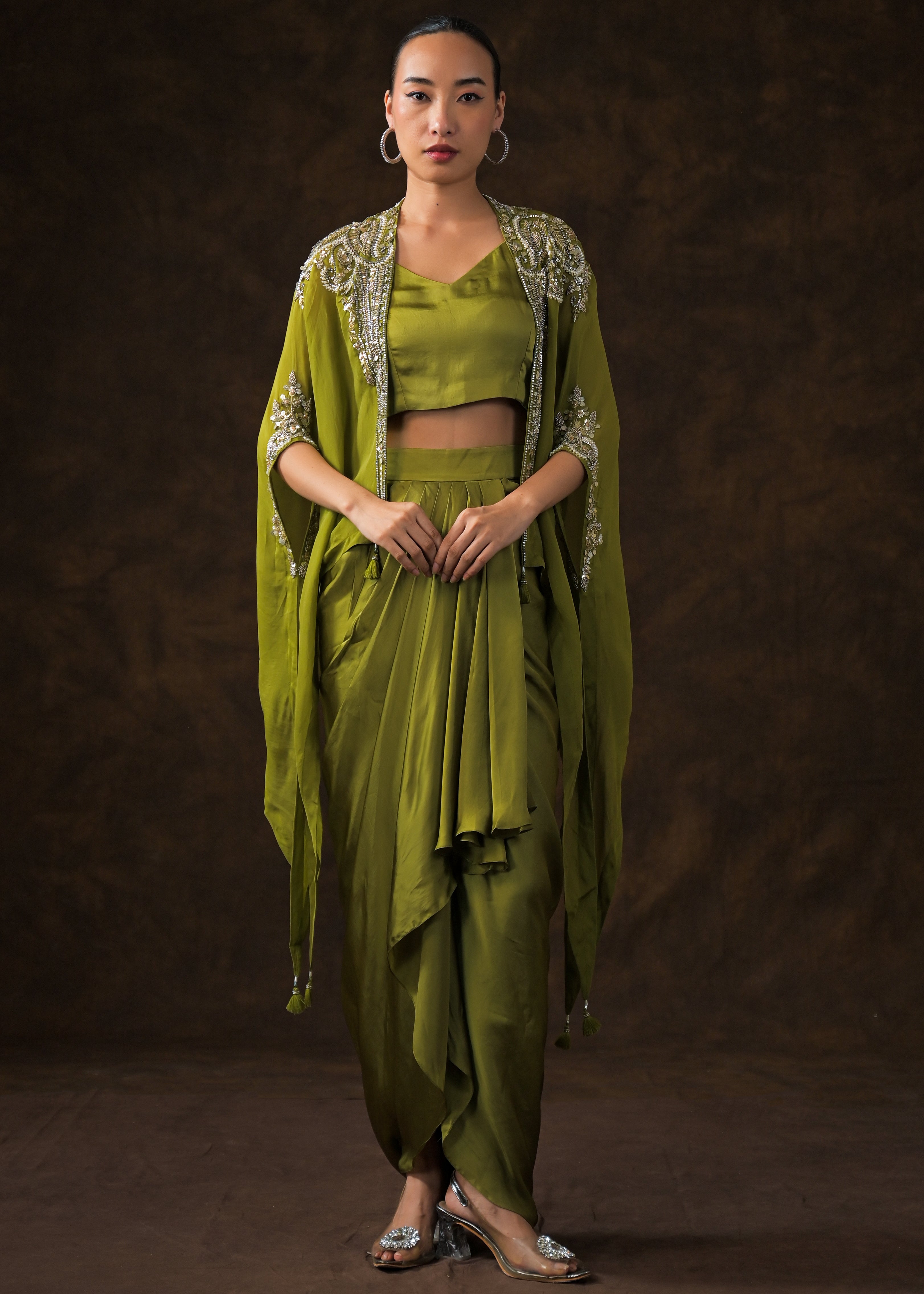 Mehendi Green Embellished Satin Silk Cape Set