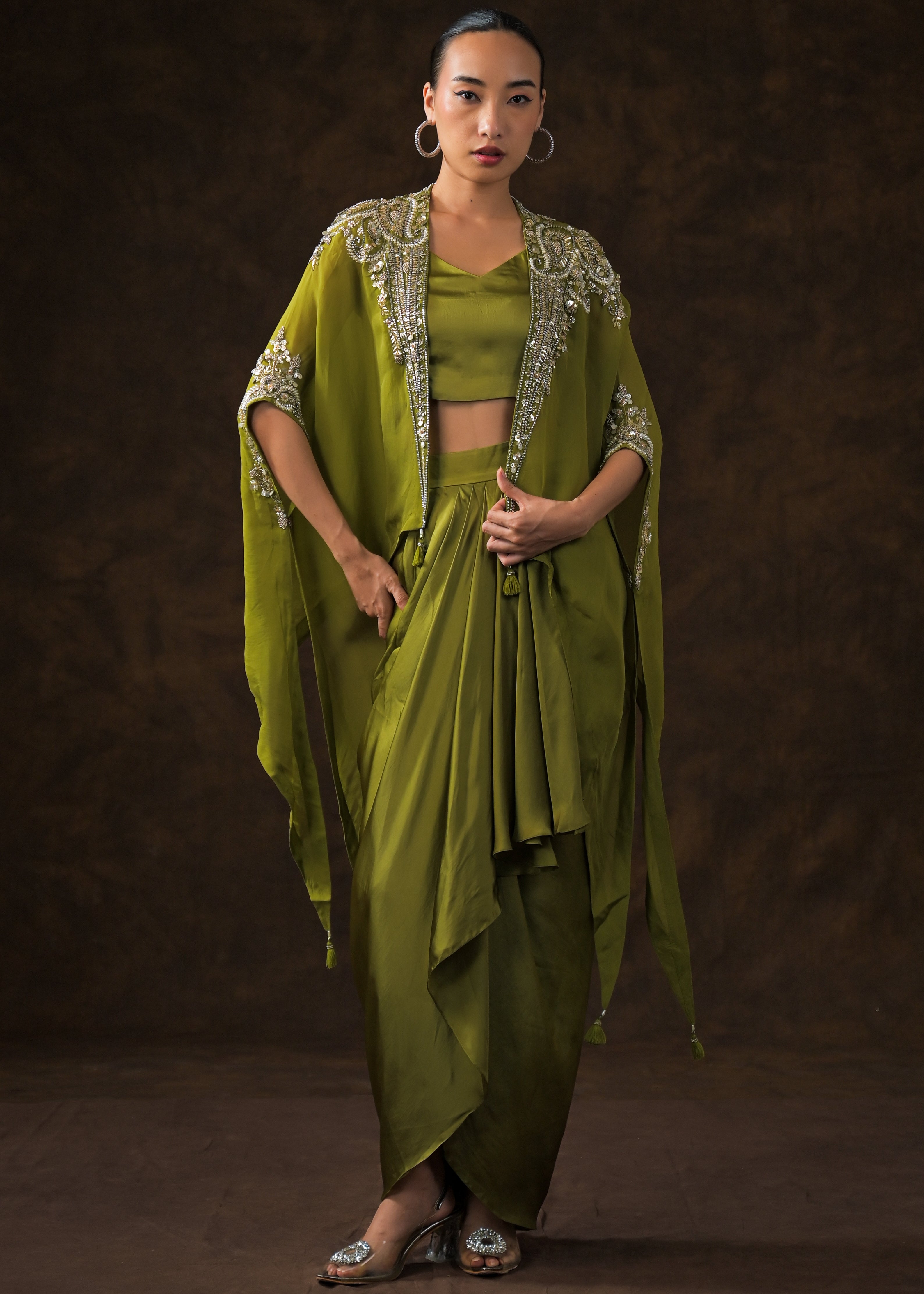 Mehendi Green Embellished Satin Silk Cape Set