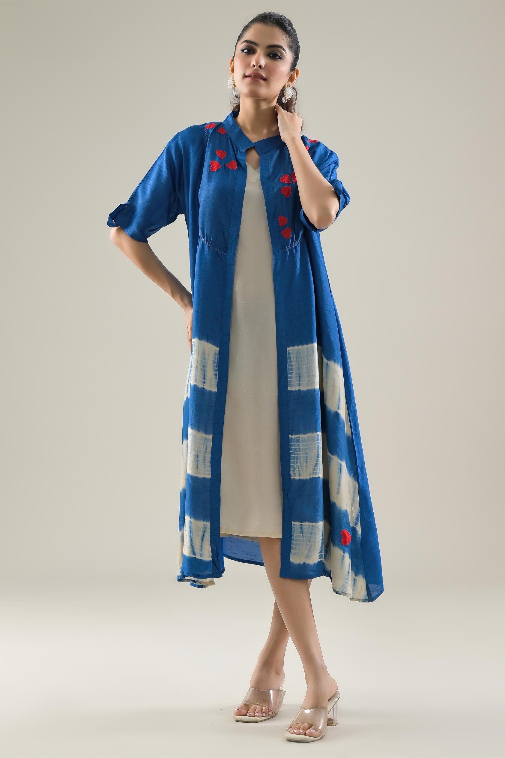 Blue Tie-Dye Raw Silk Dress With Shrug