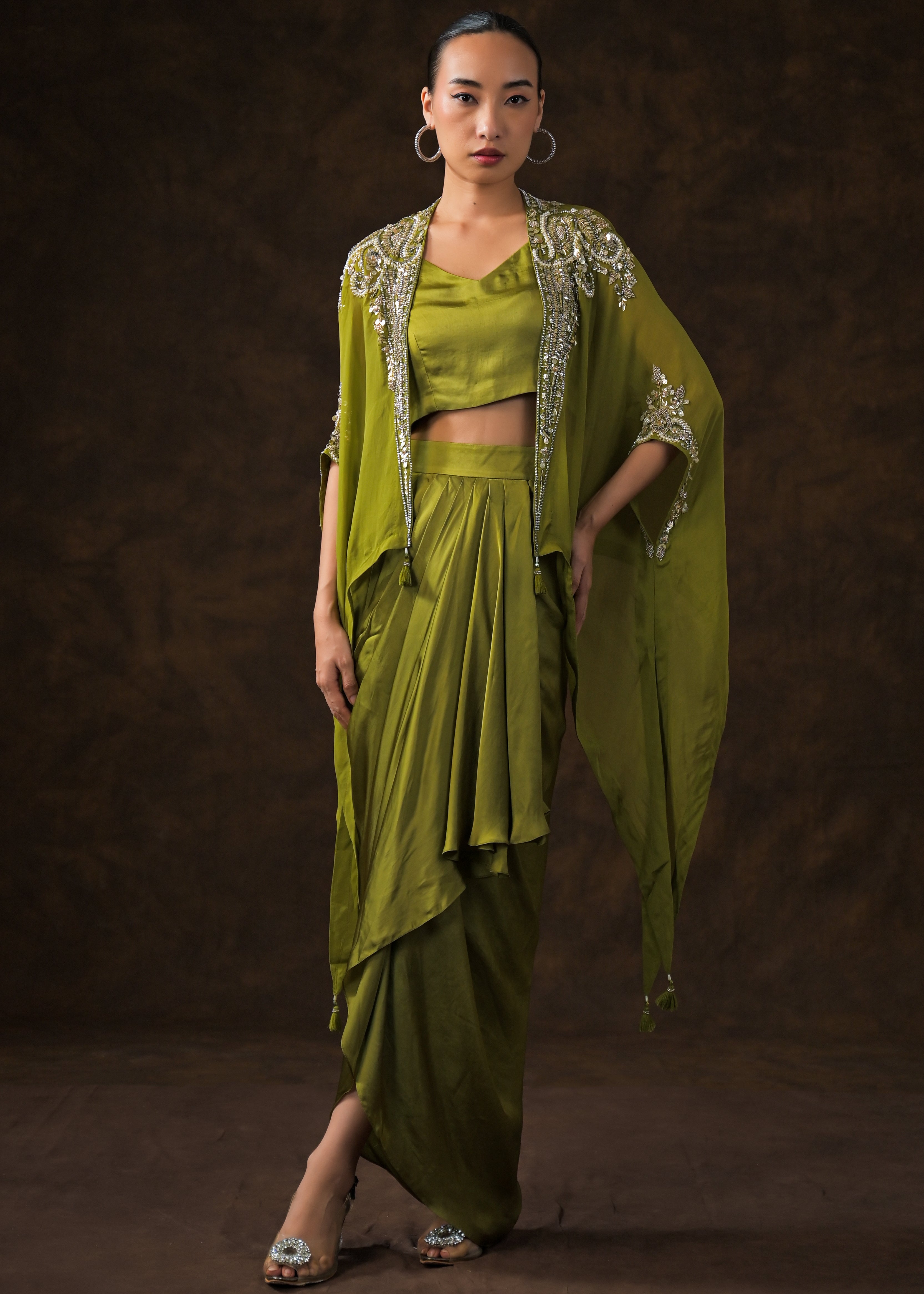 Mehendi Green Embellished Satin Silk Cape Set