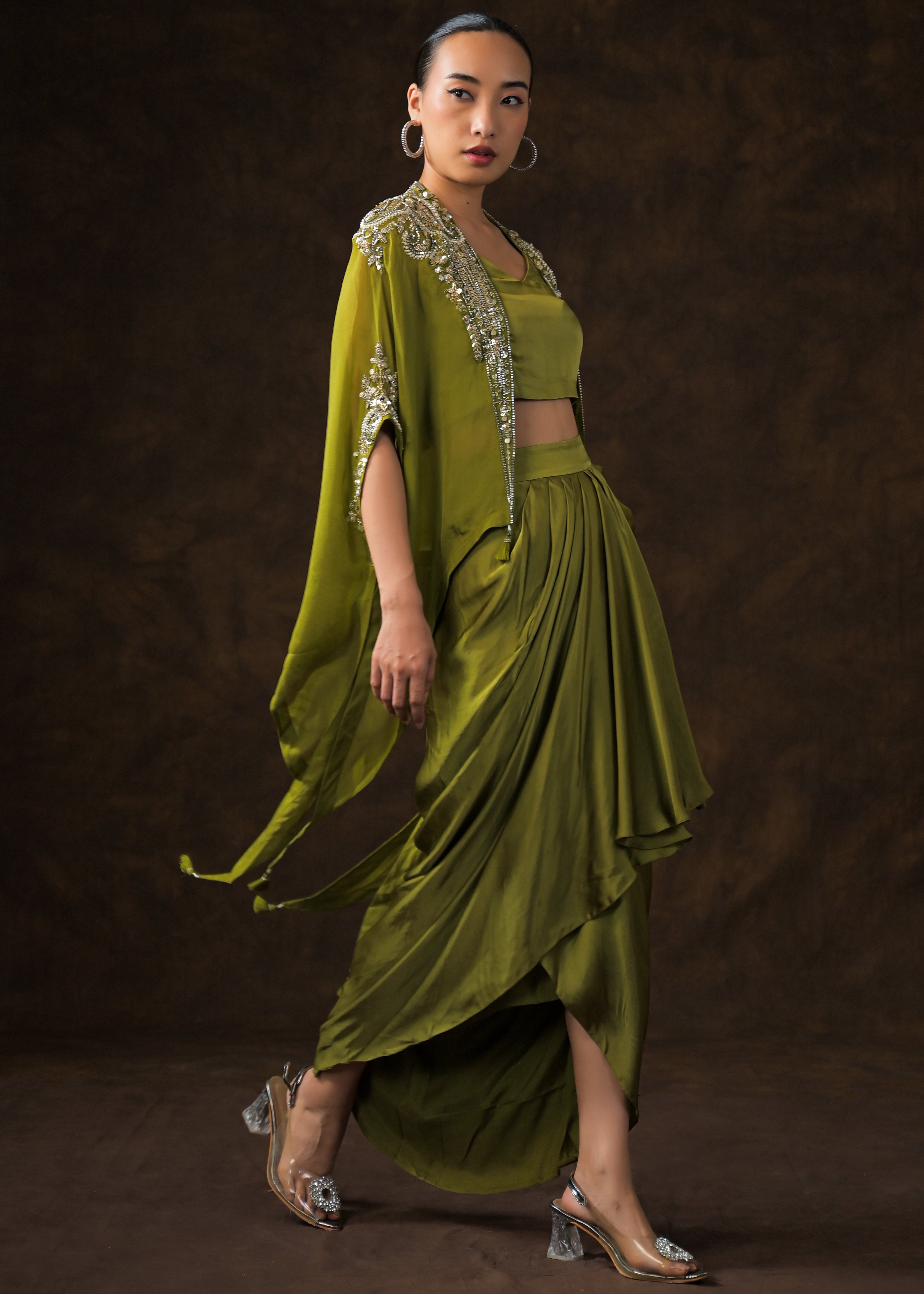 Mehendi Green Embellished Satin Silk Cape Set
