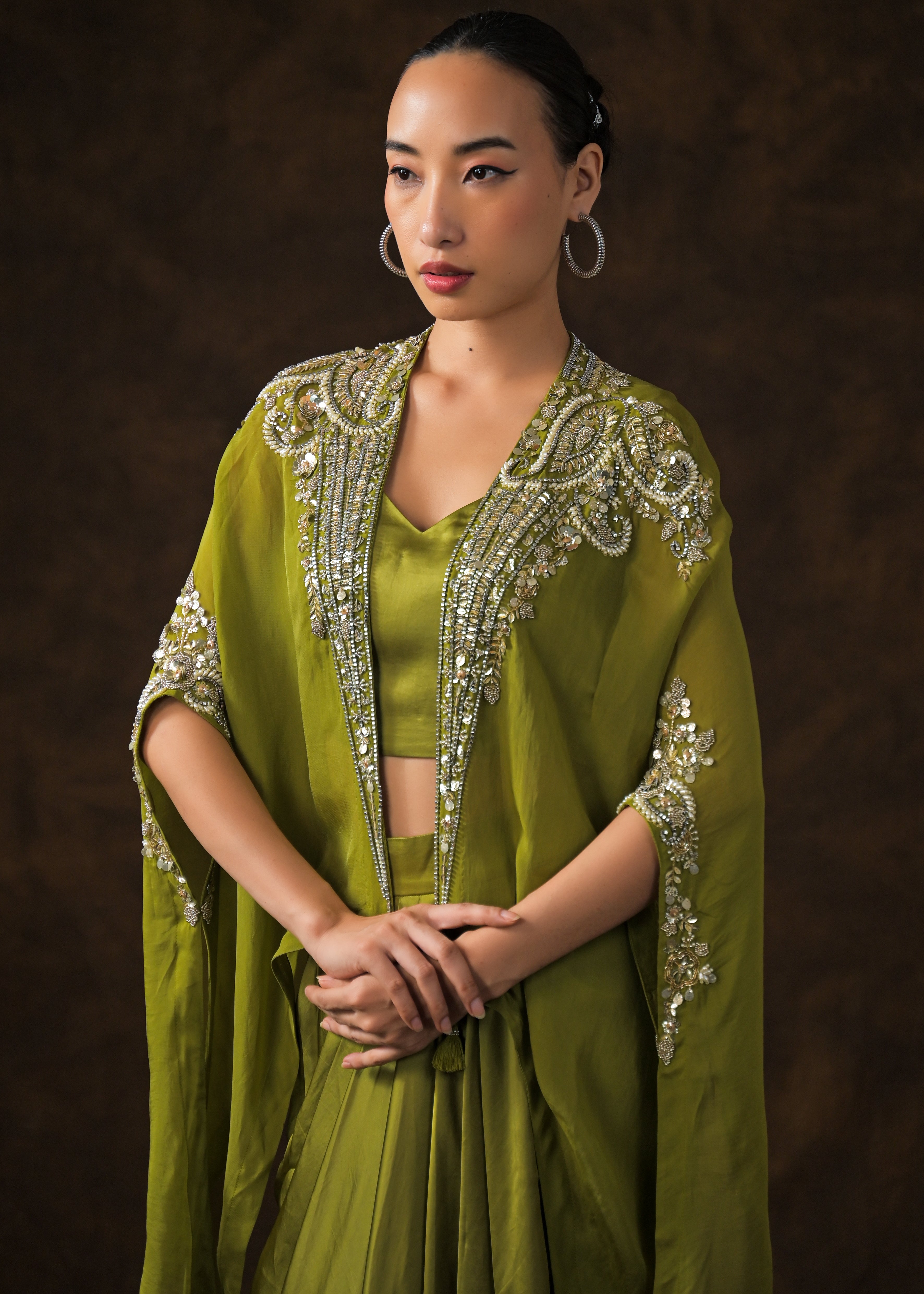 Mehendi Green Embellished Satin Silk Cape Set