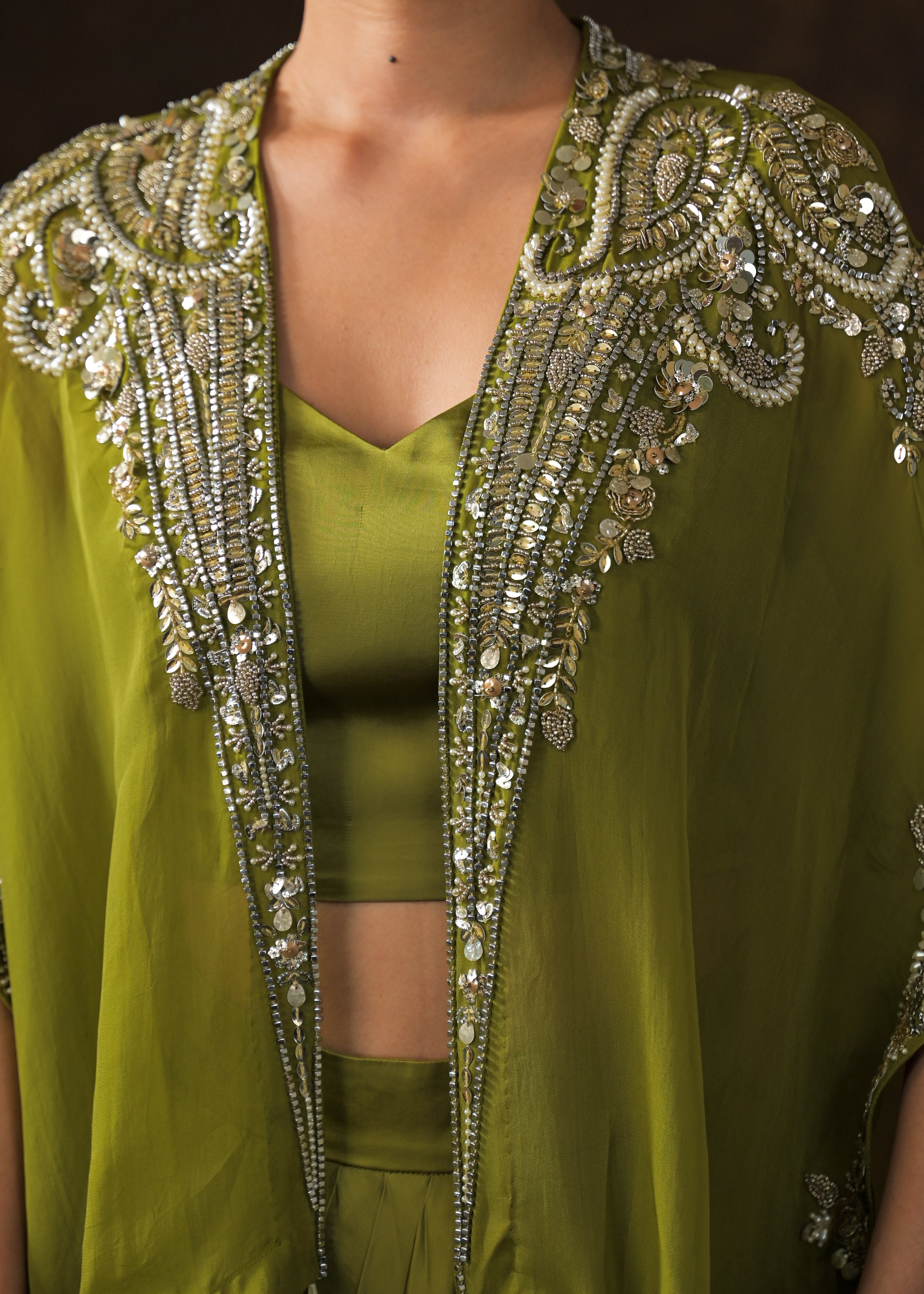 Mehendi Green Embellished Satin Silk Cape Set