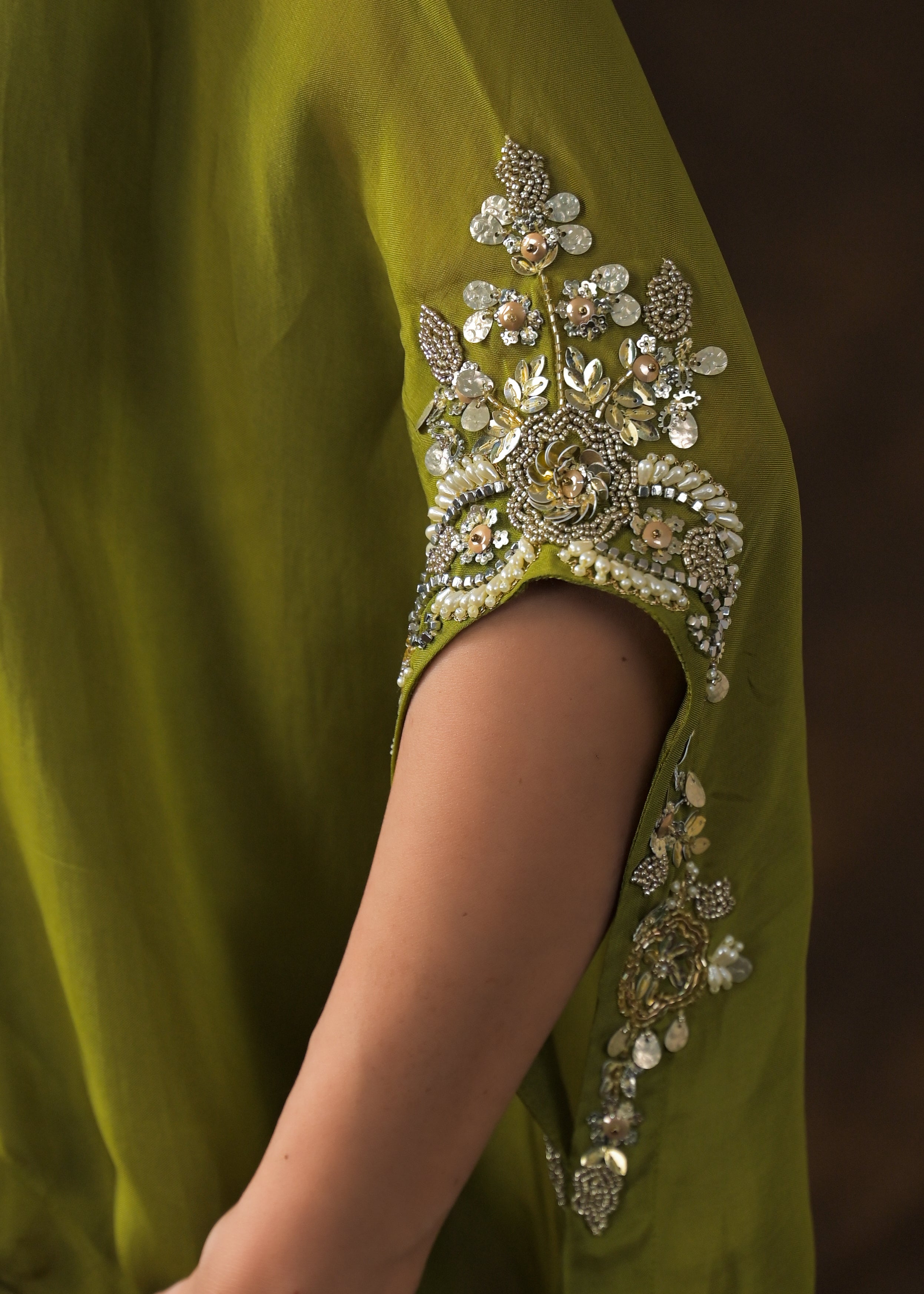 Mehendi Green Embellished Satin Silk Cape Set