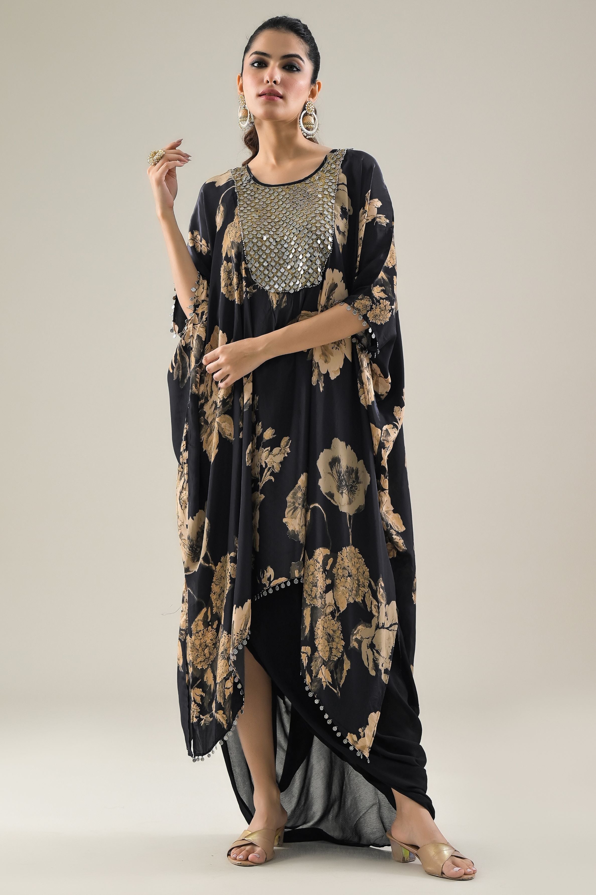 Black Floral Printed Crepe Silk Kaftan & Skirt Set