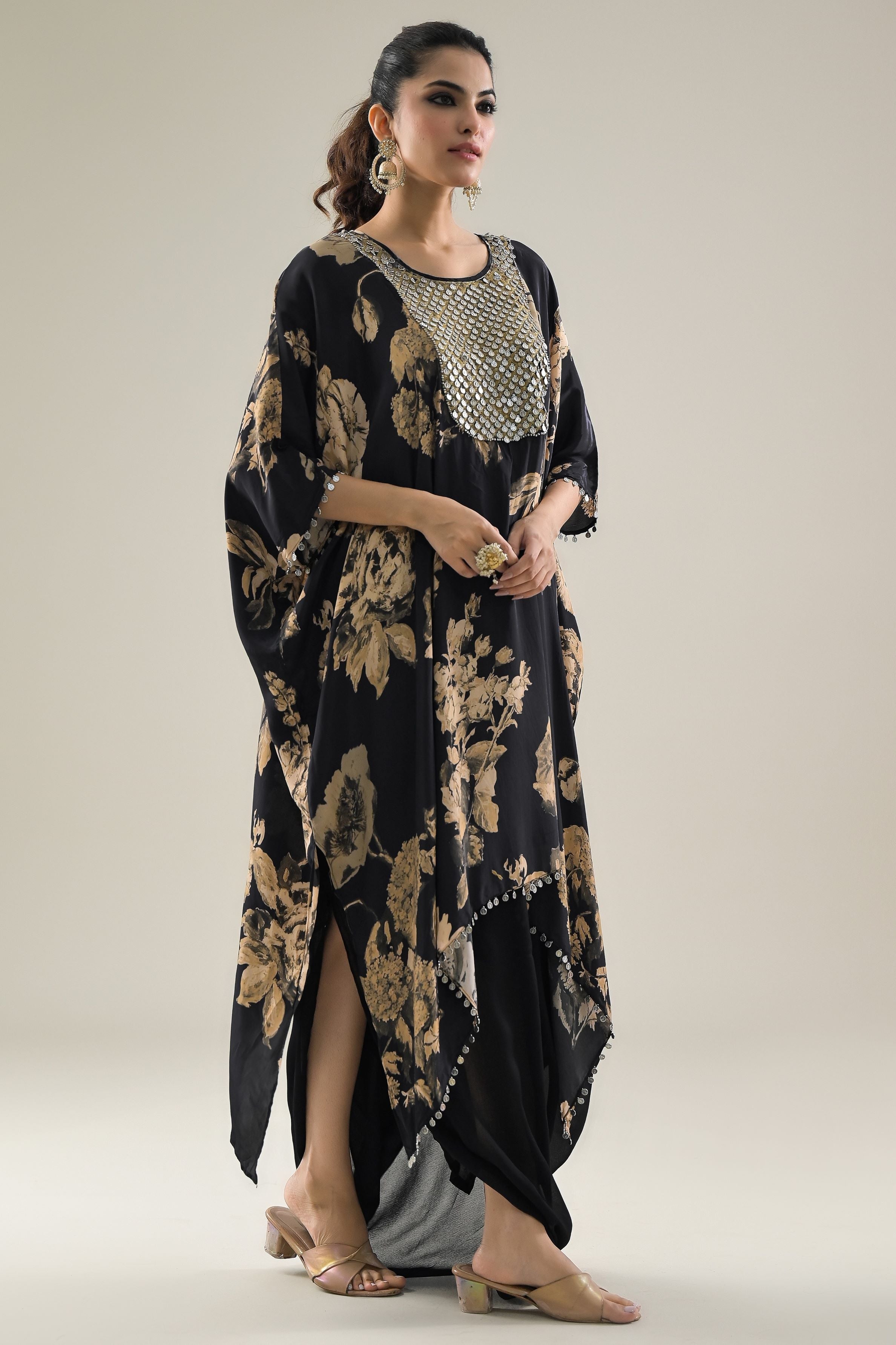 Black Floral Printed Crepe Silk Kaftan & Skirt Set