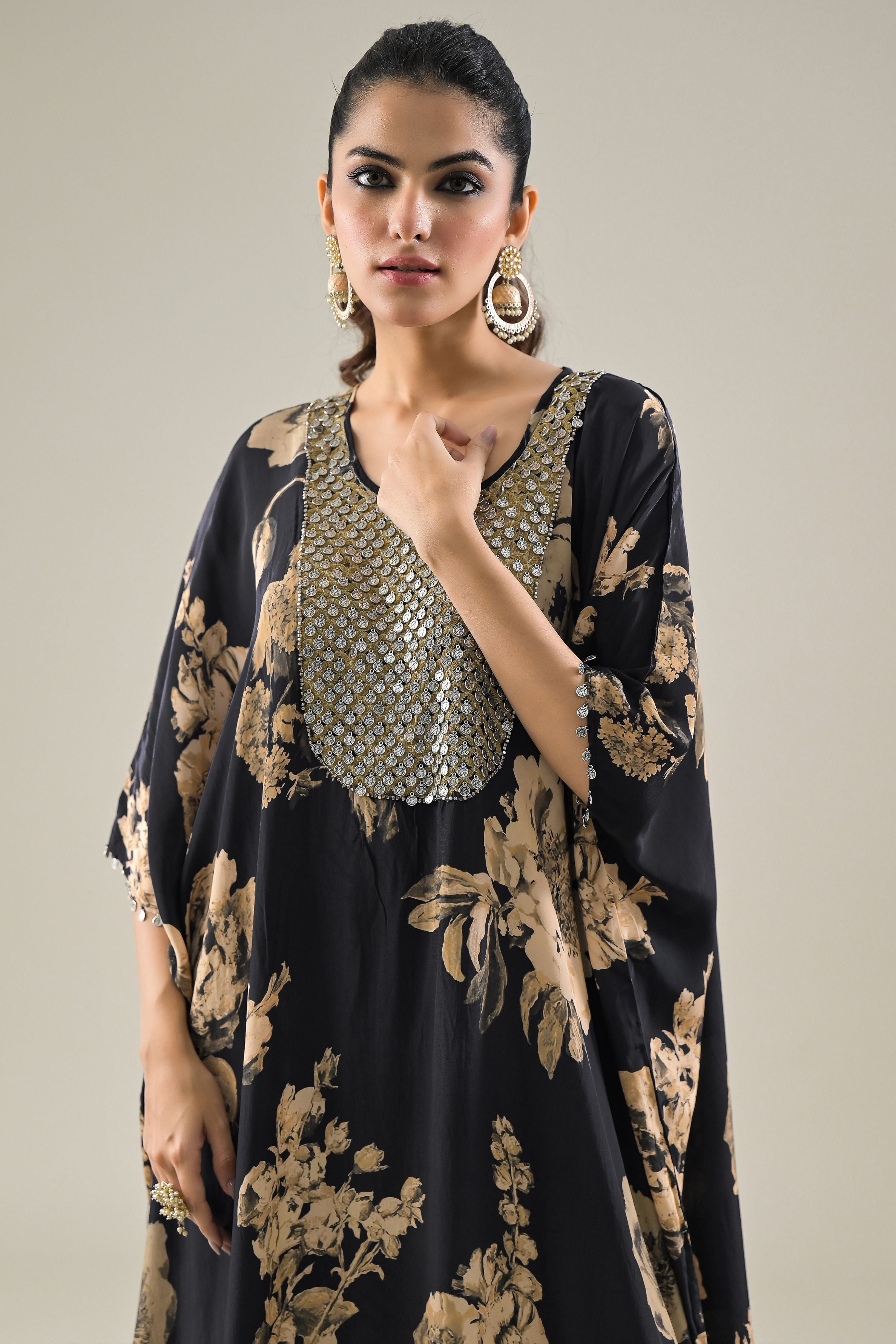 Black Floral Printed Crepe Silk Kaftan & Skirt Set