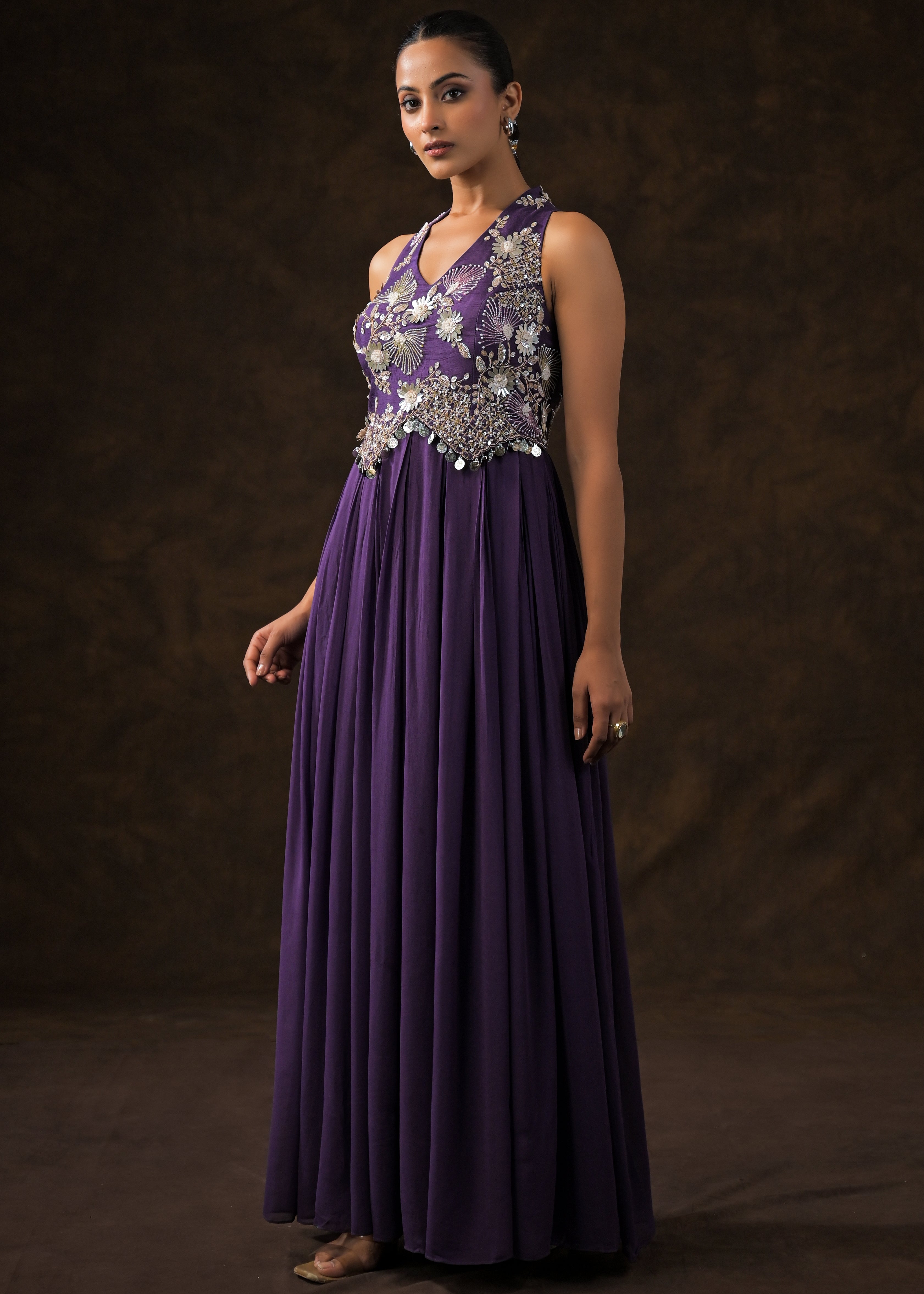 Regal Violet Embellished Georgette Silk Gown