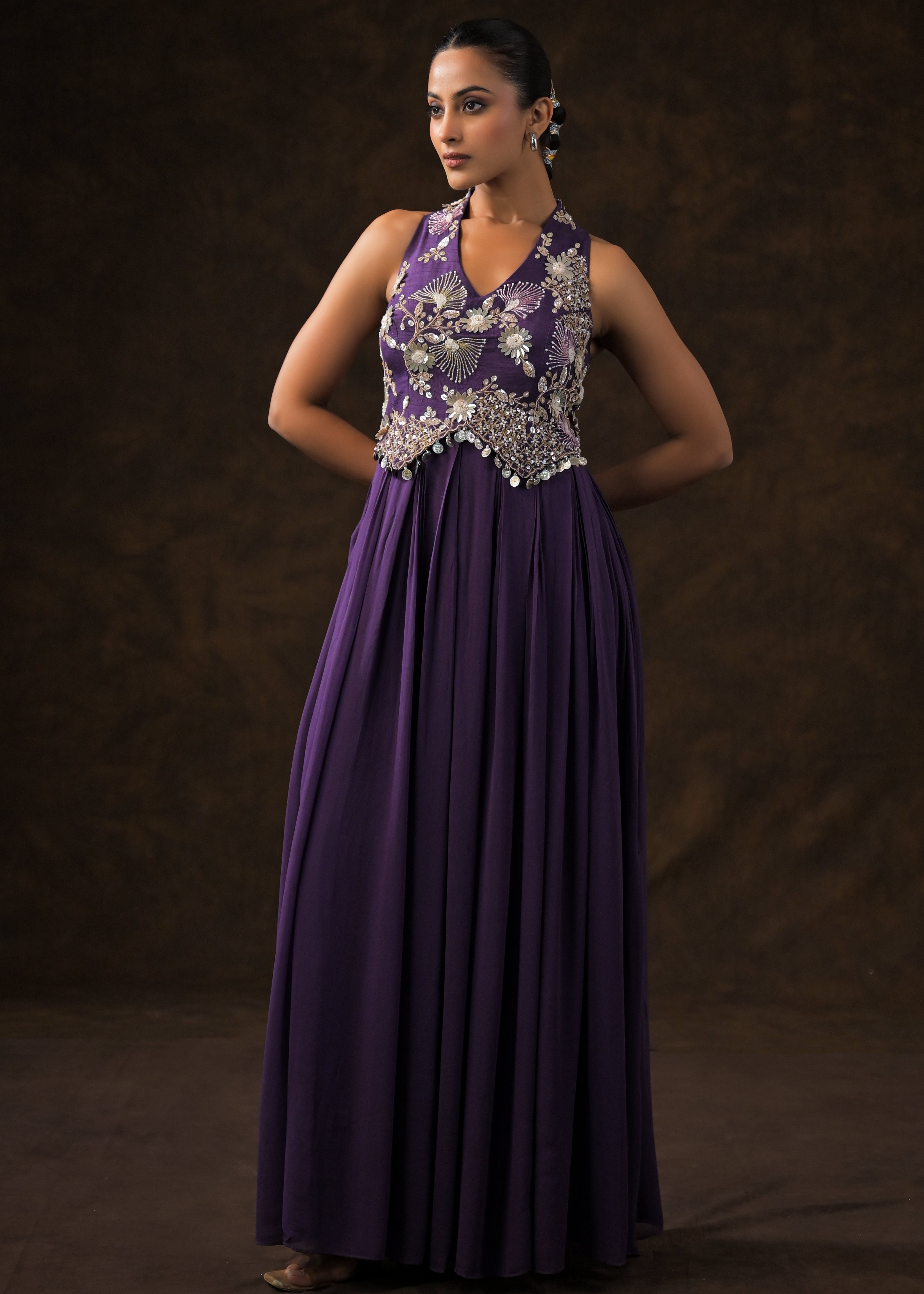 Regal Violet Embellished Georgette Silk Gown