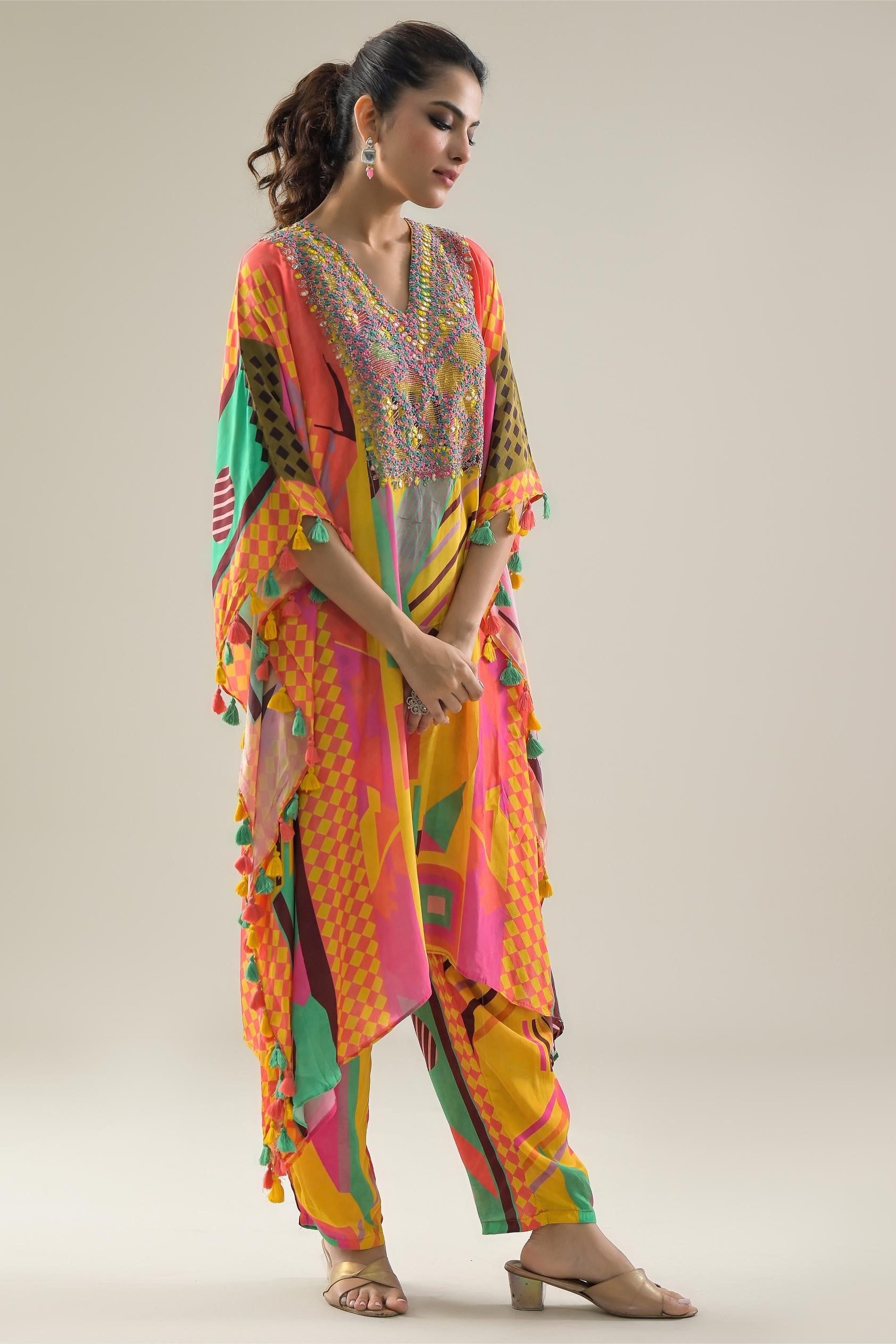 Multicolor Digital Printed Crepe Silk Kaftan Set