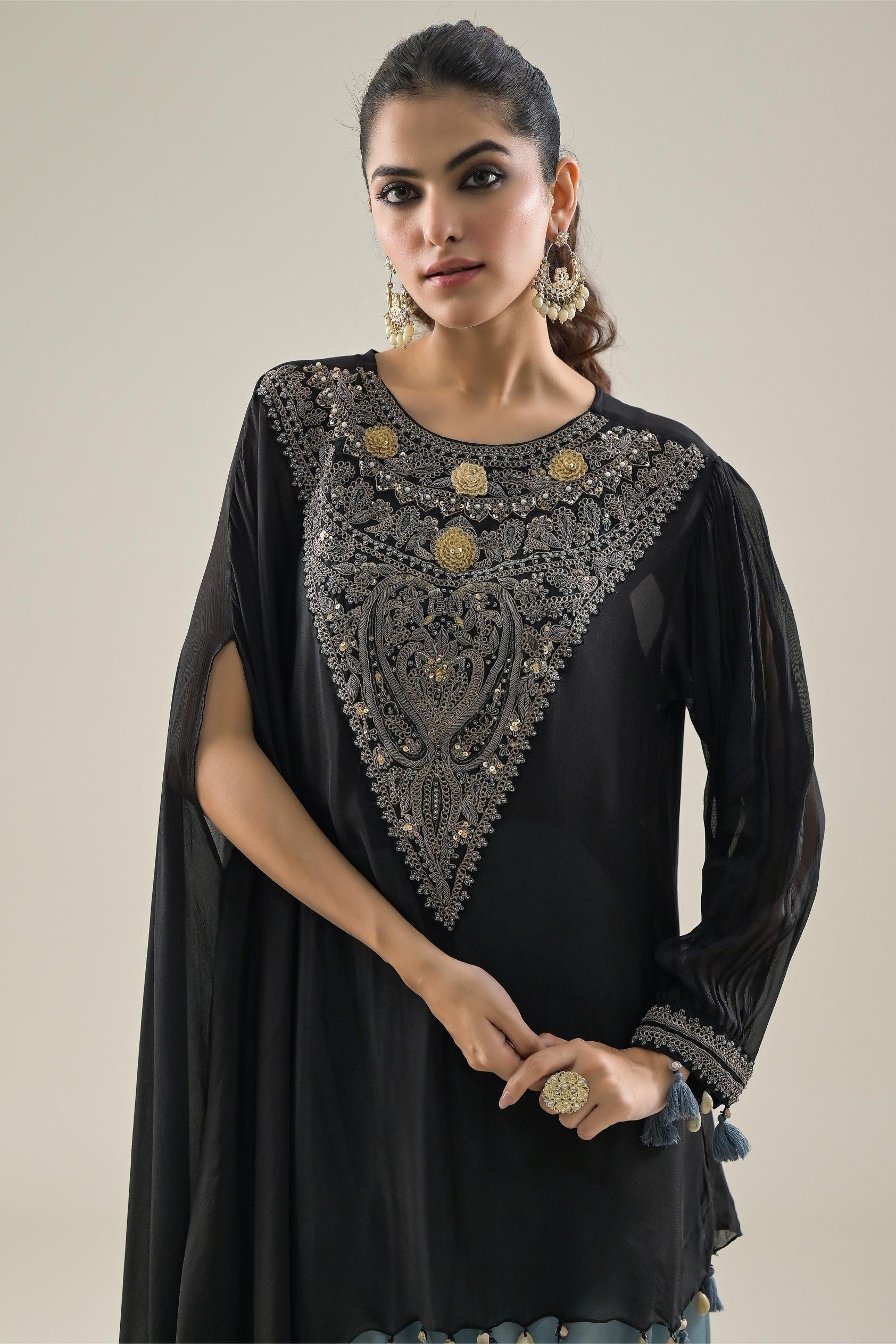 Black Embroidered Chinon Silk Kaftan & Skirt Set