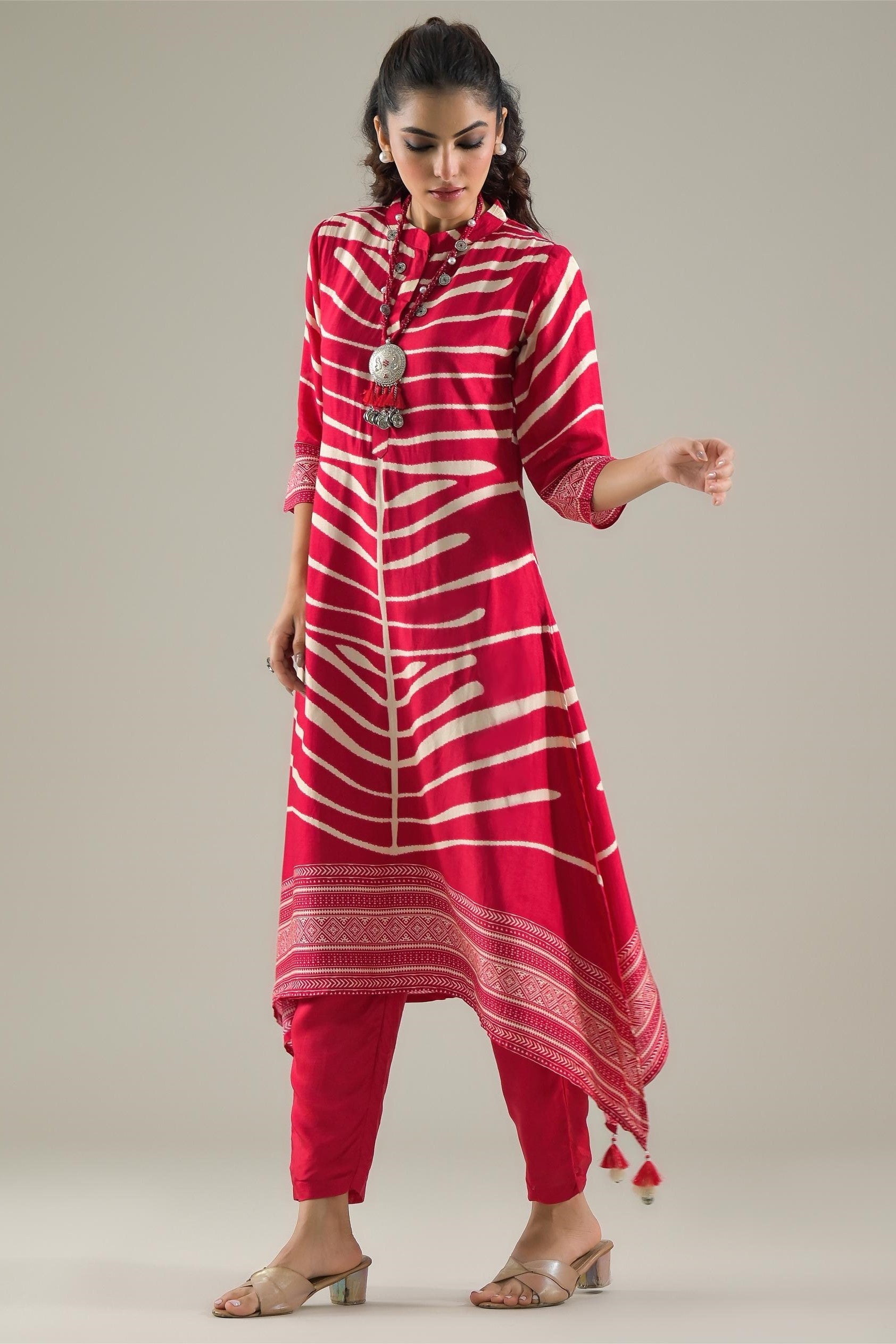 Red Stripe Printed Muslin Silk Kurta Pant Set