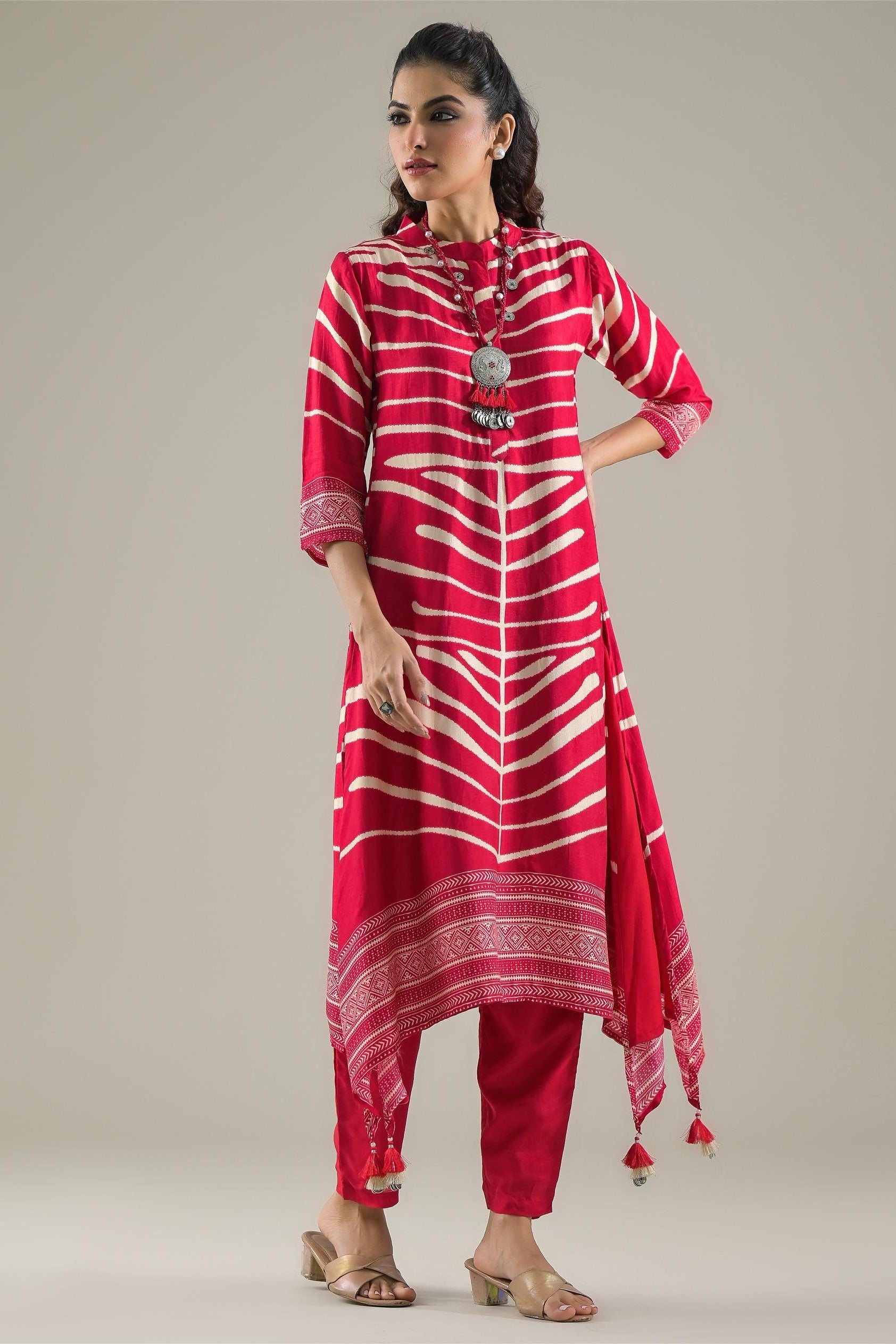 Red Stripe Printed Muslin Silk Kurta Pant Set