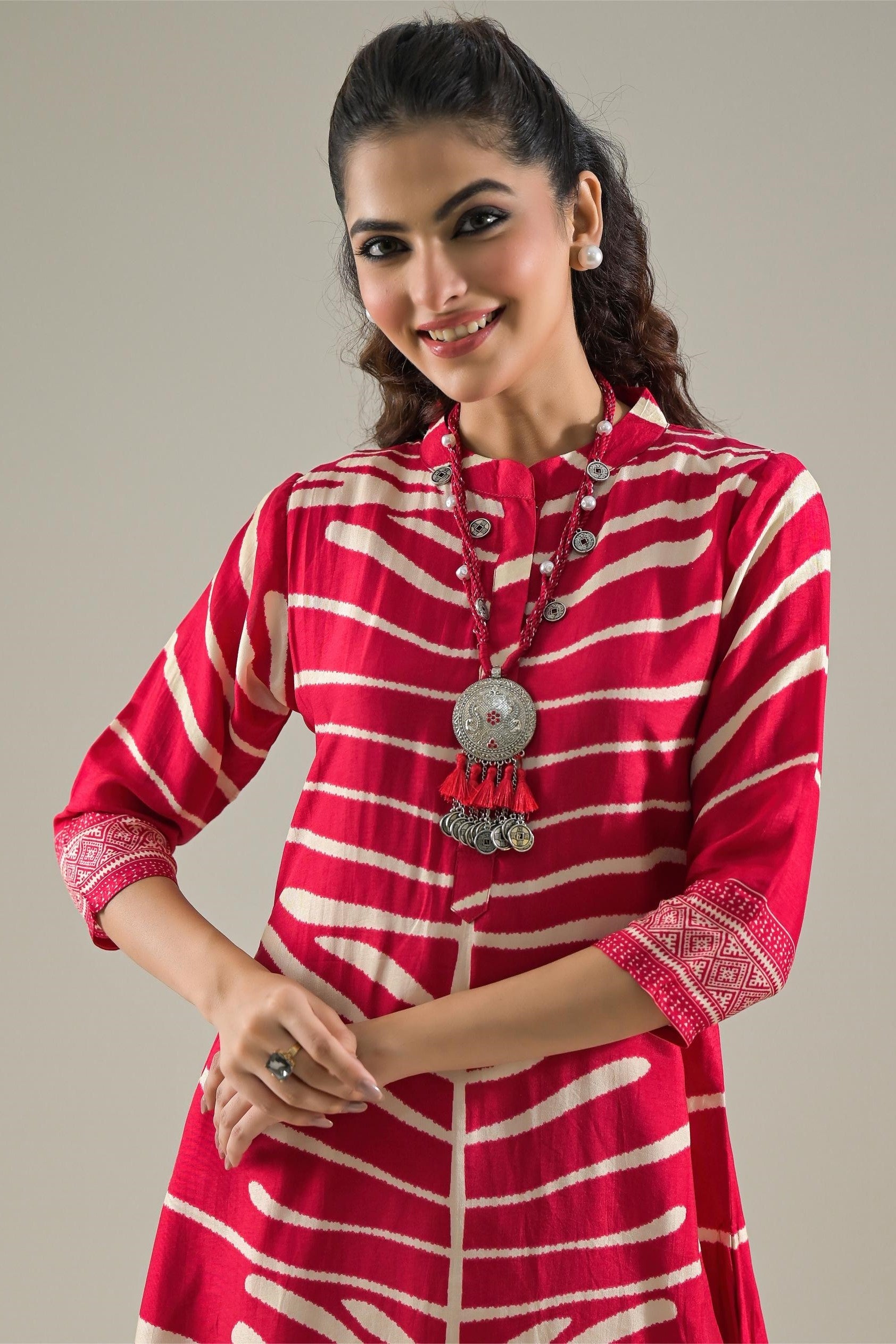 Red Stripe Printed Muslin Silk Kurta Pant Set