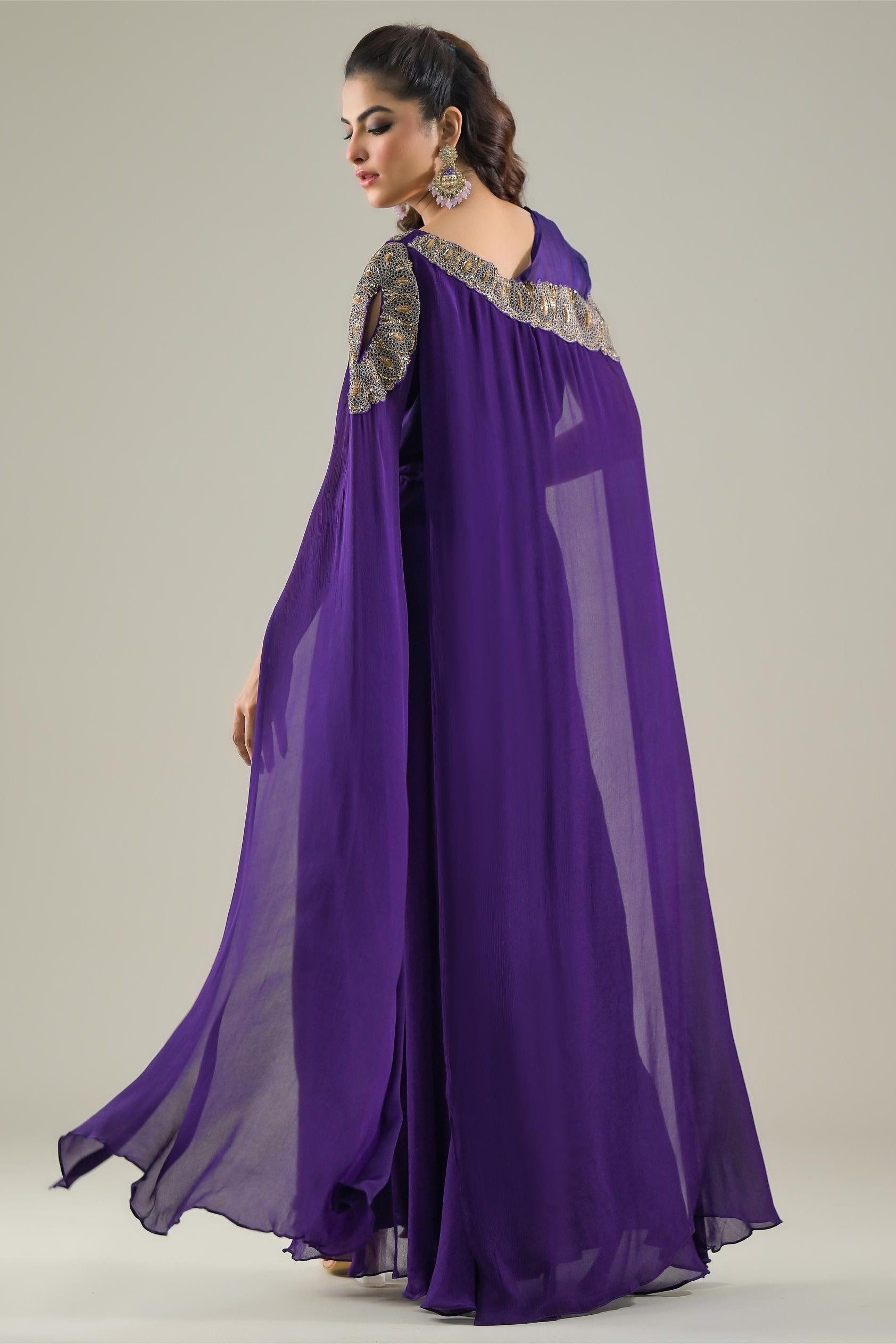 Purple Embellished Chinon Silk Gown