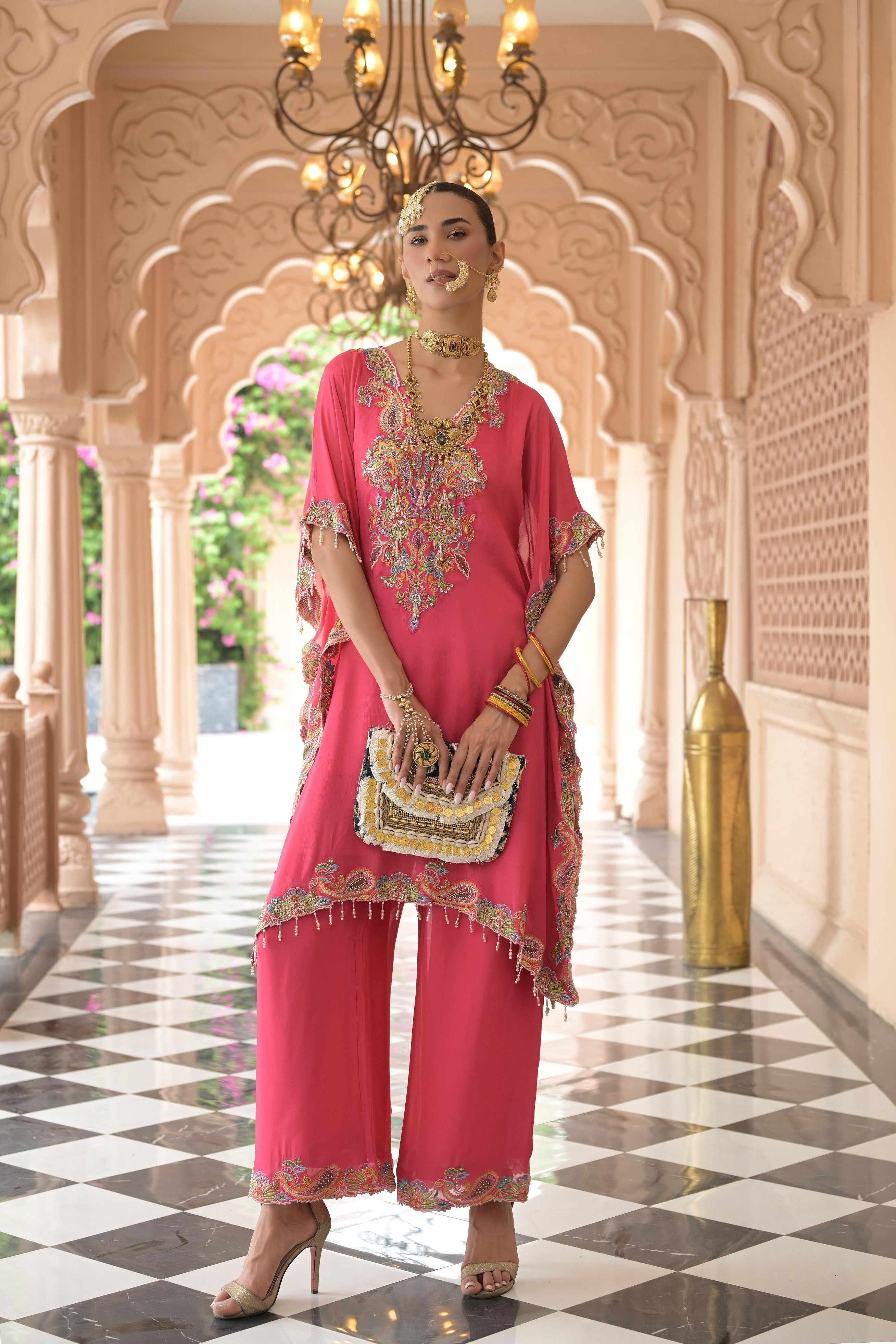 Pink Embroidered Premium Chinon Silk Kaftan Set