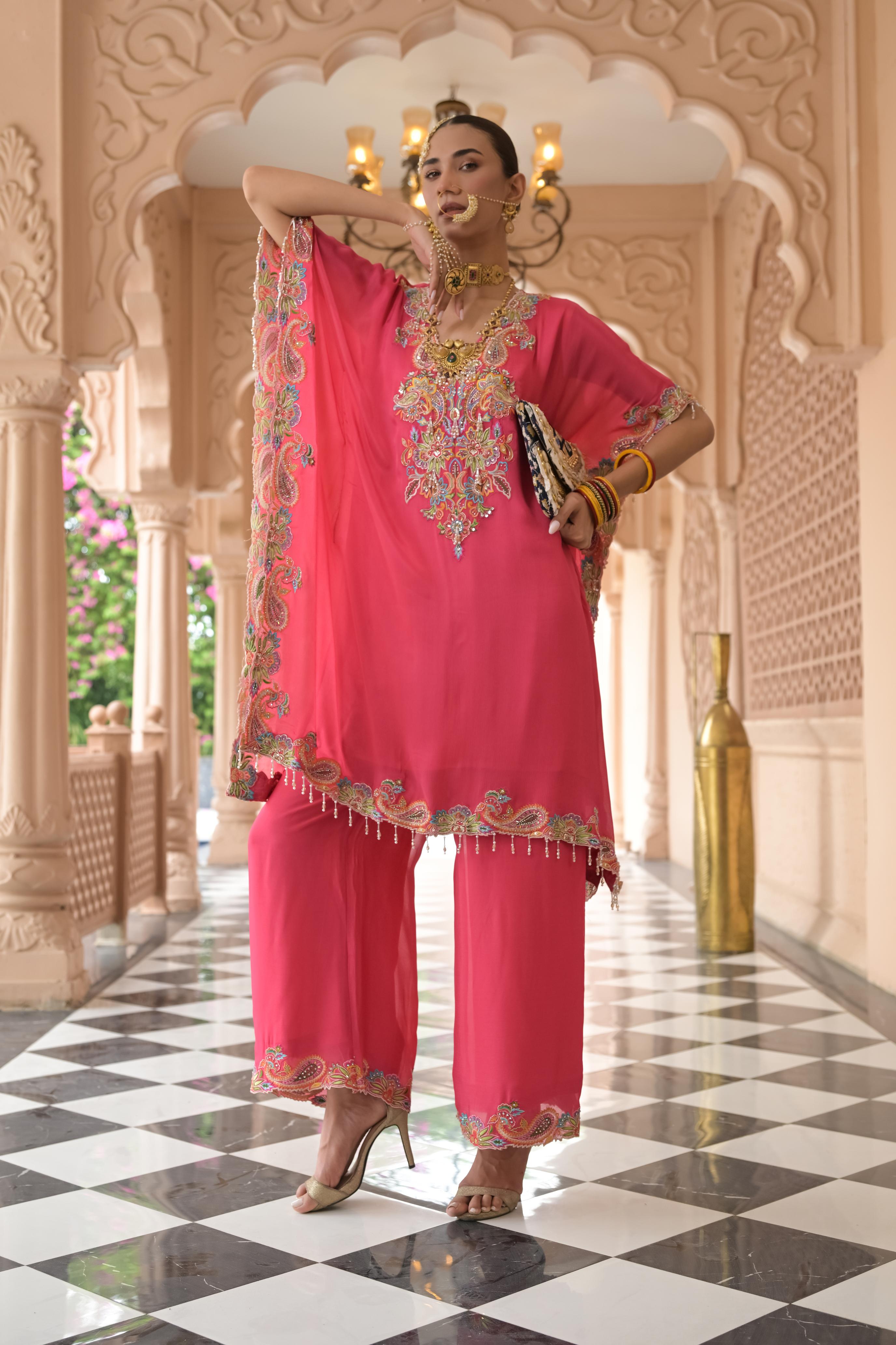 Pink Embroidered Premium Chinon Silk Kaftan Set