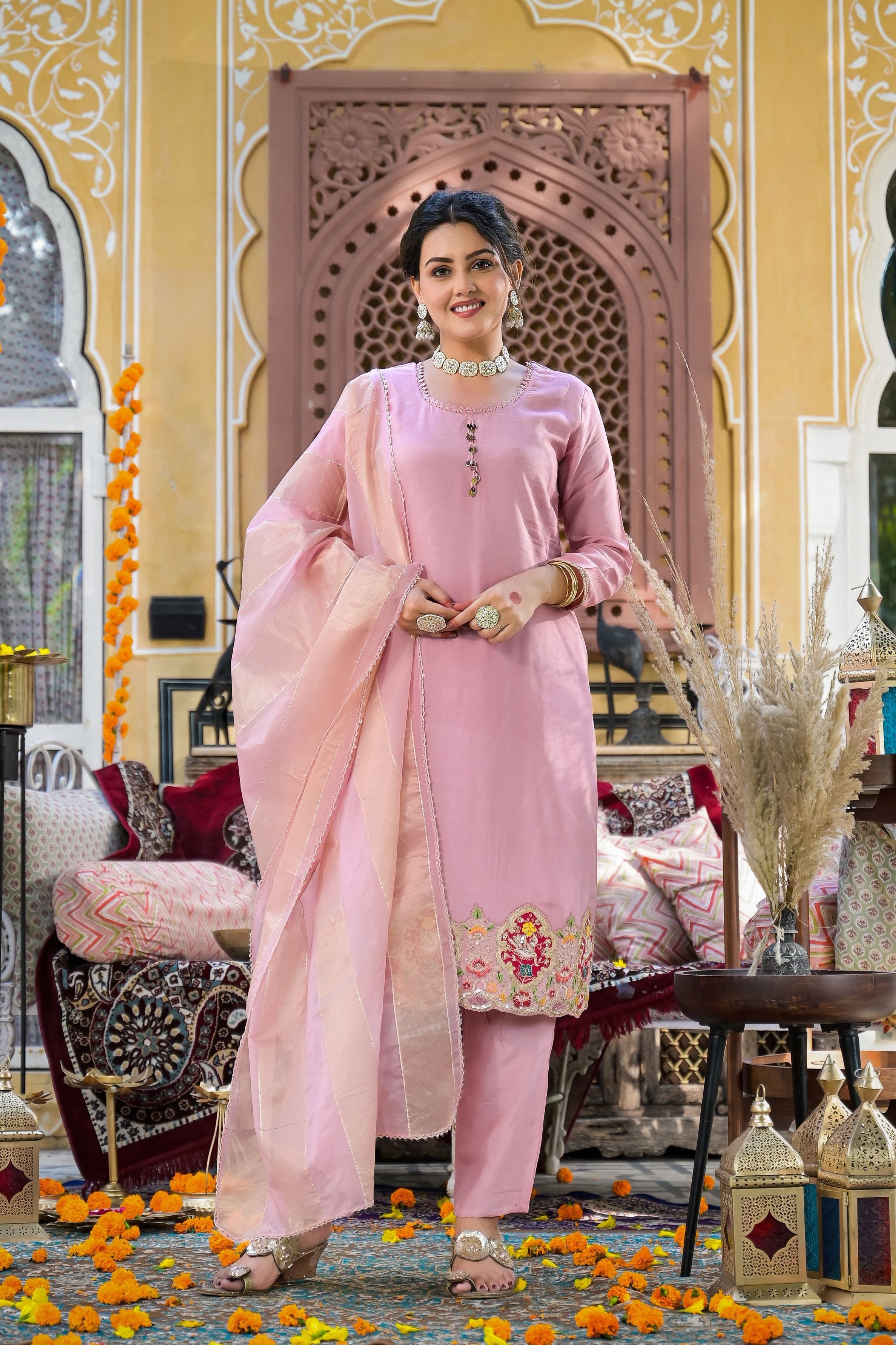 Pink Embroidered Raw Silk Pants Set