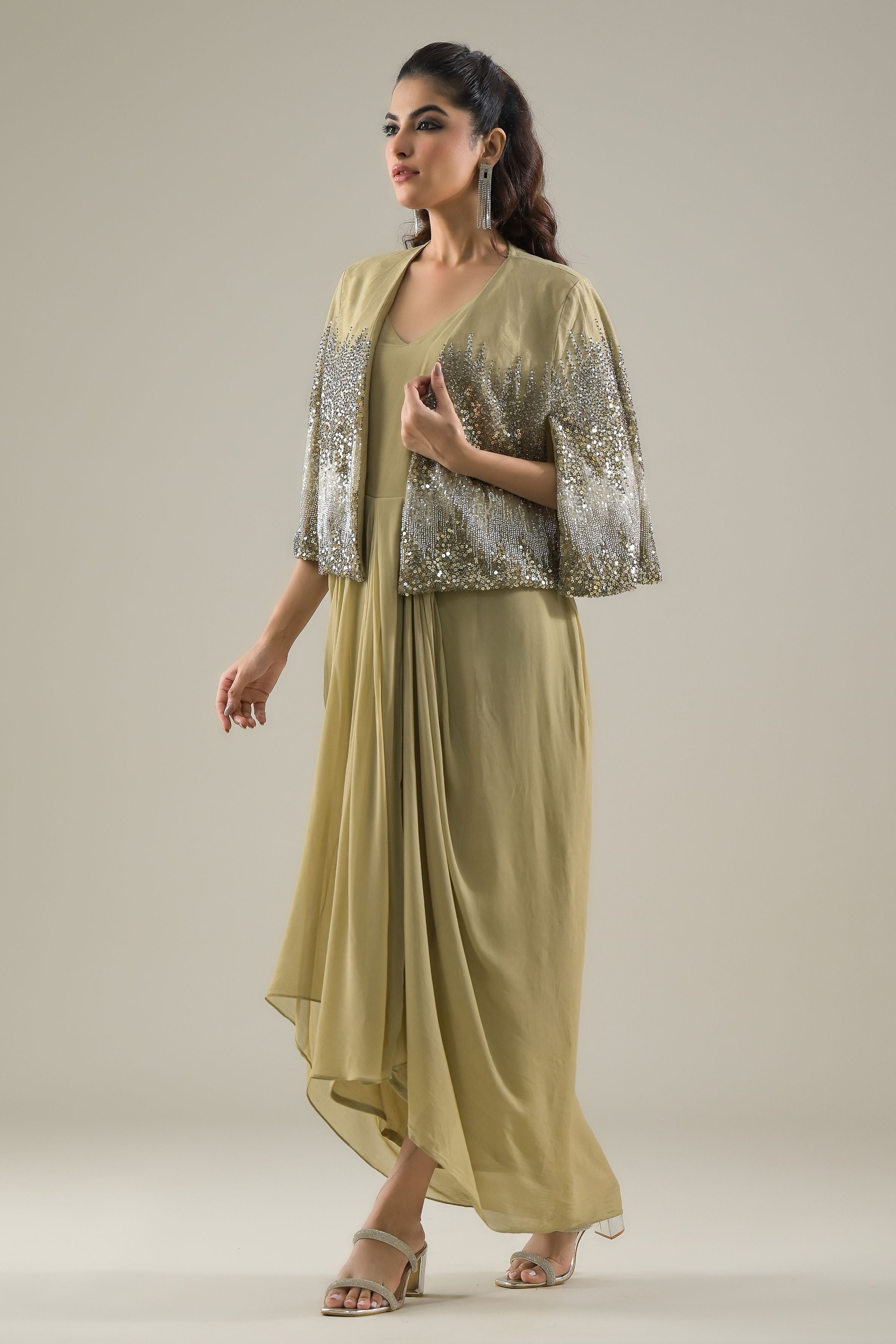 Dusky Green Embellished Premium Net Cape Gown