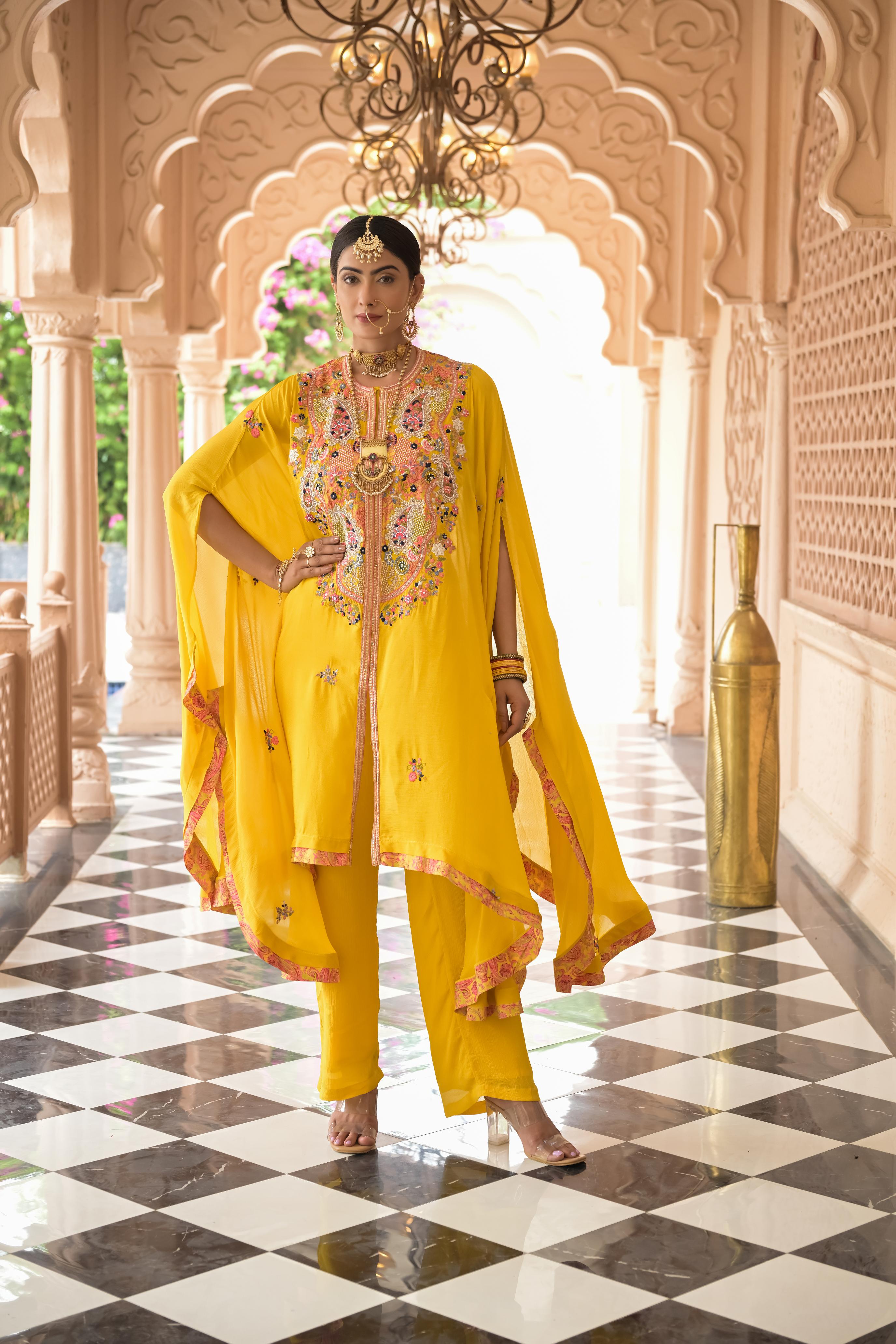 Bright Yellow Embroidered Premium Chinon Silk Kaftan Set