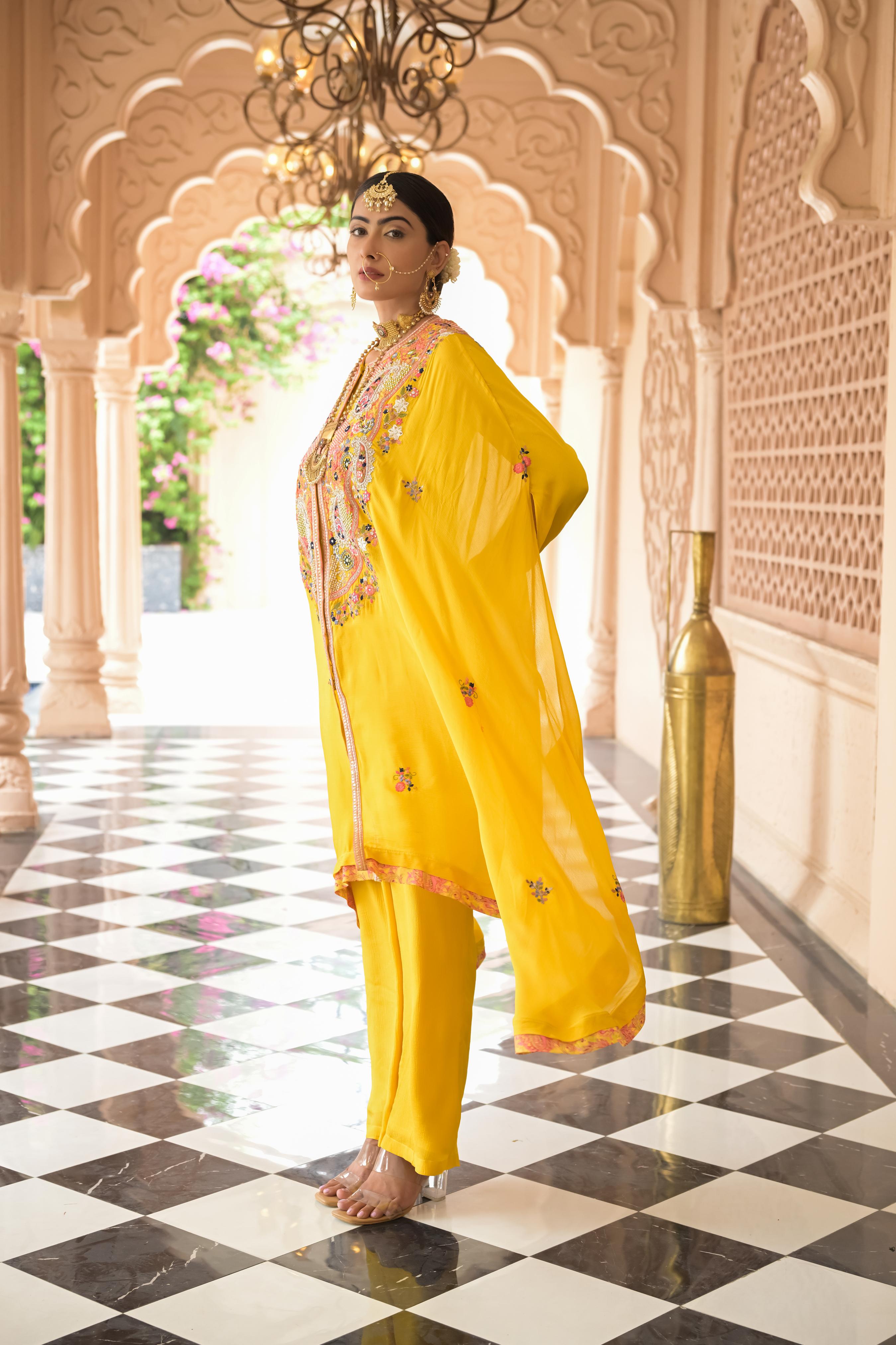 Bright Yellow Embroidered Premium Chinon Silk Kaftan Set