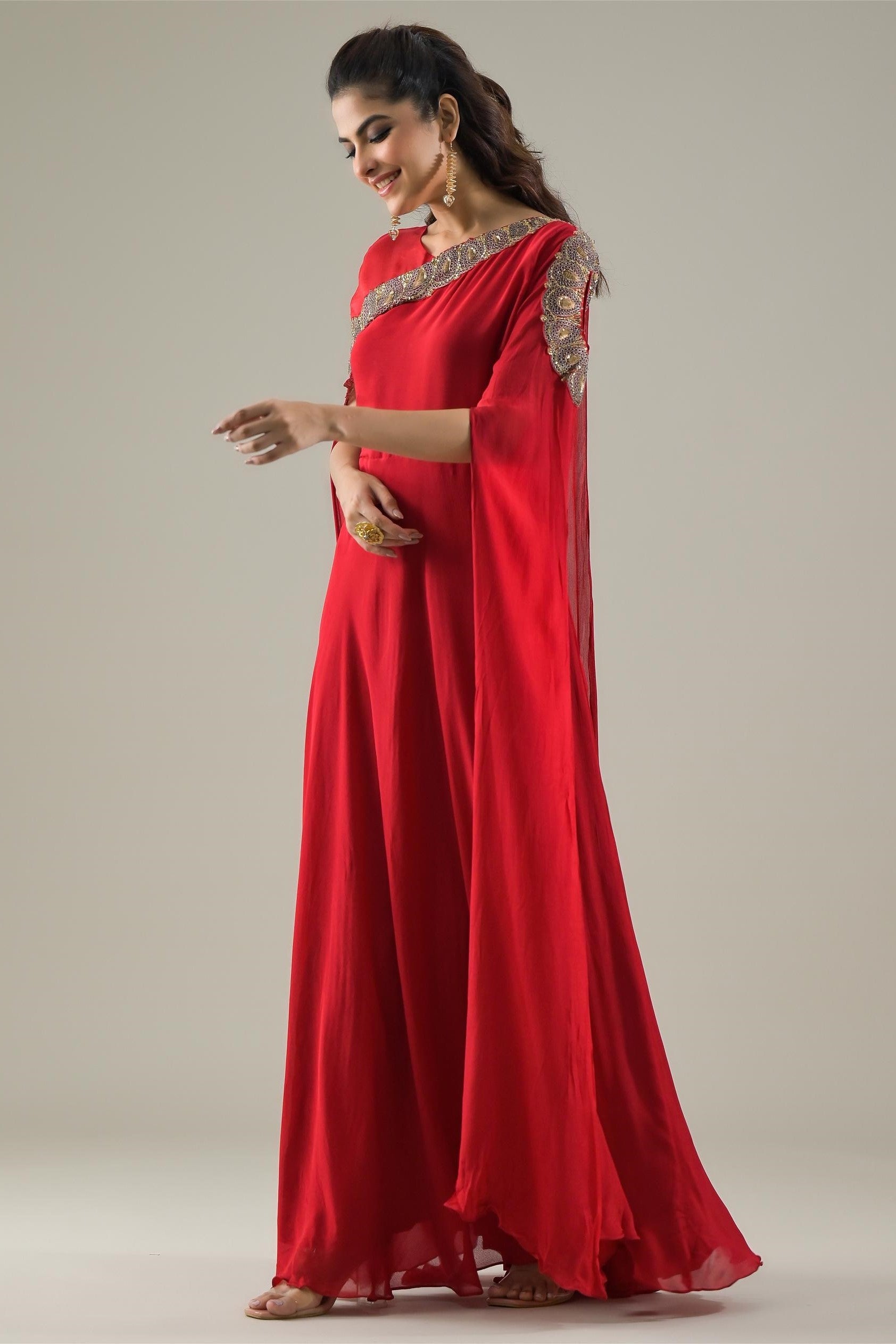 Red Embellished Chinon Silk Gown