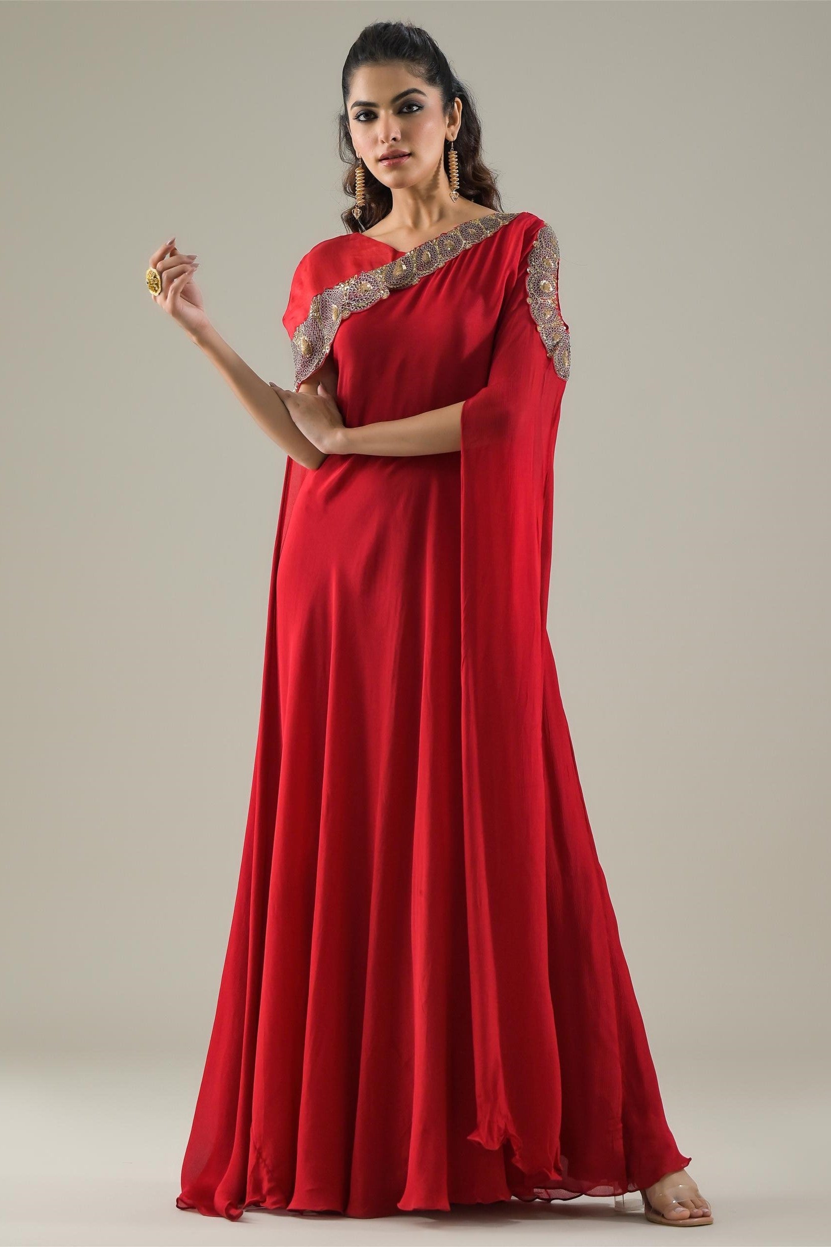 Red Embellished Chinon Silk Gown