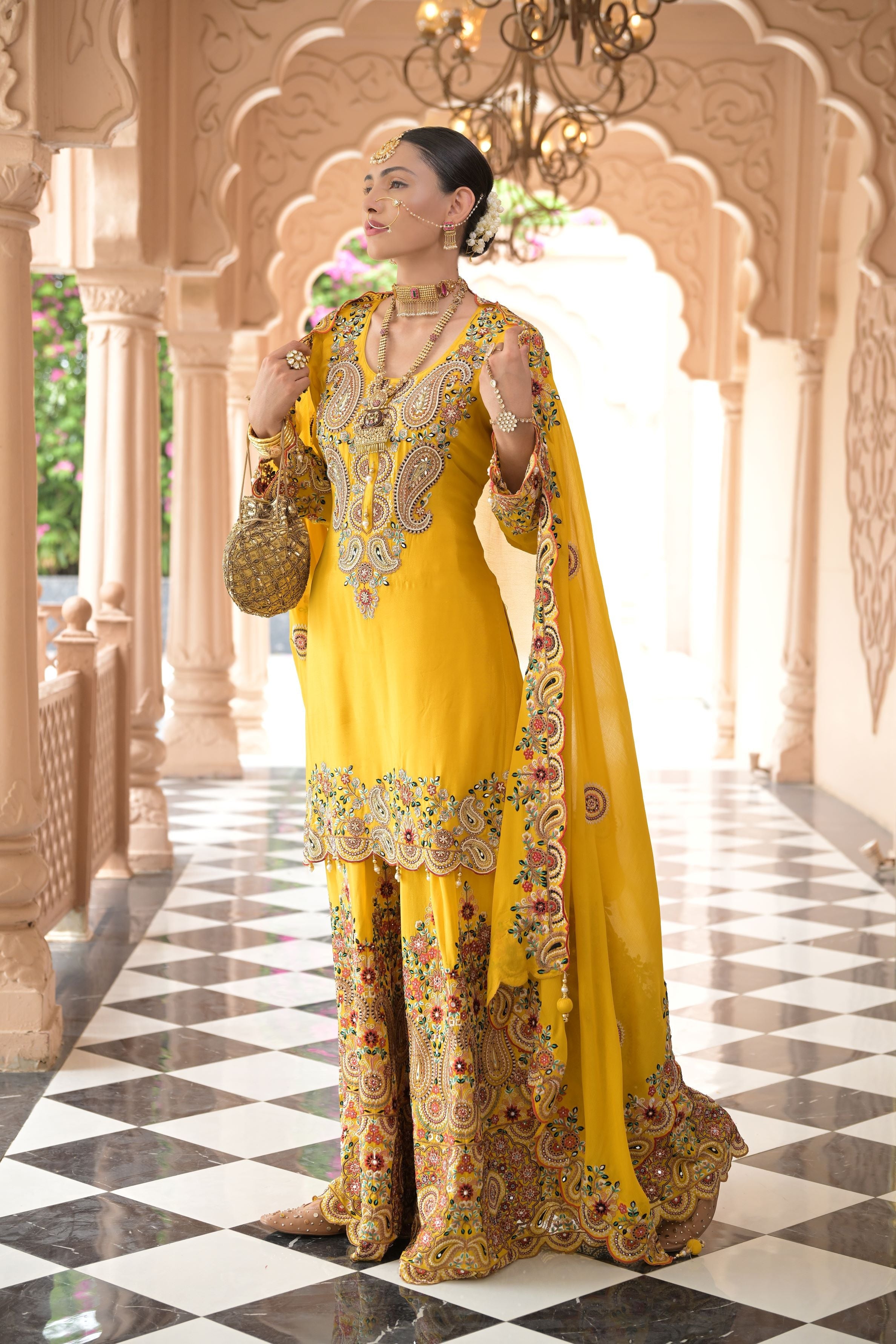 Festive Yellow Embroidered Chinon Silk Palazzo Set