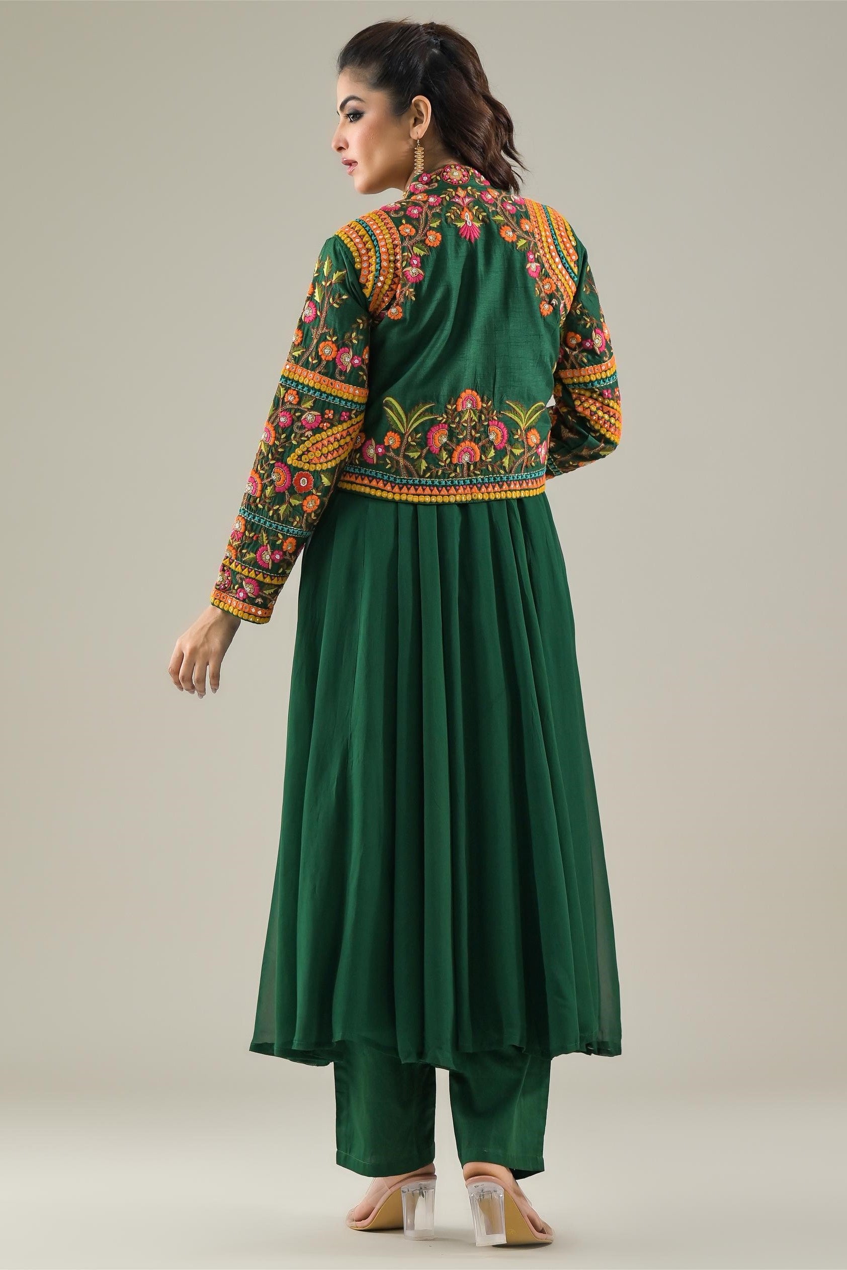 Deep Green Embroidered Raw Silk Jacket Kurta Set