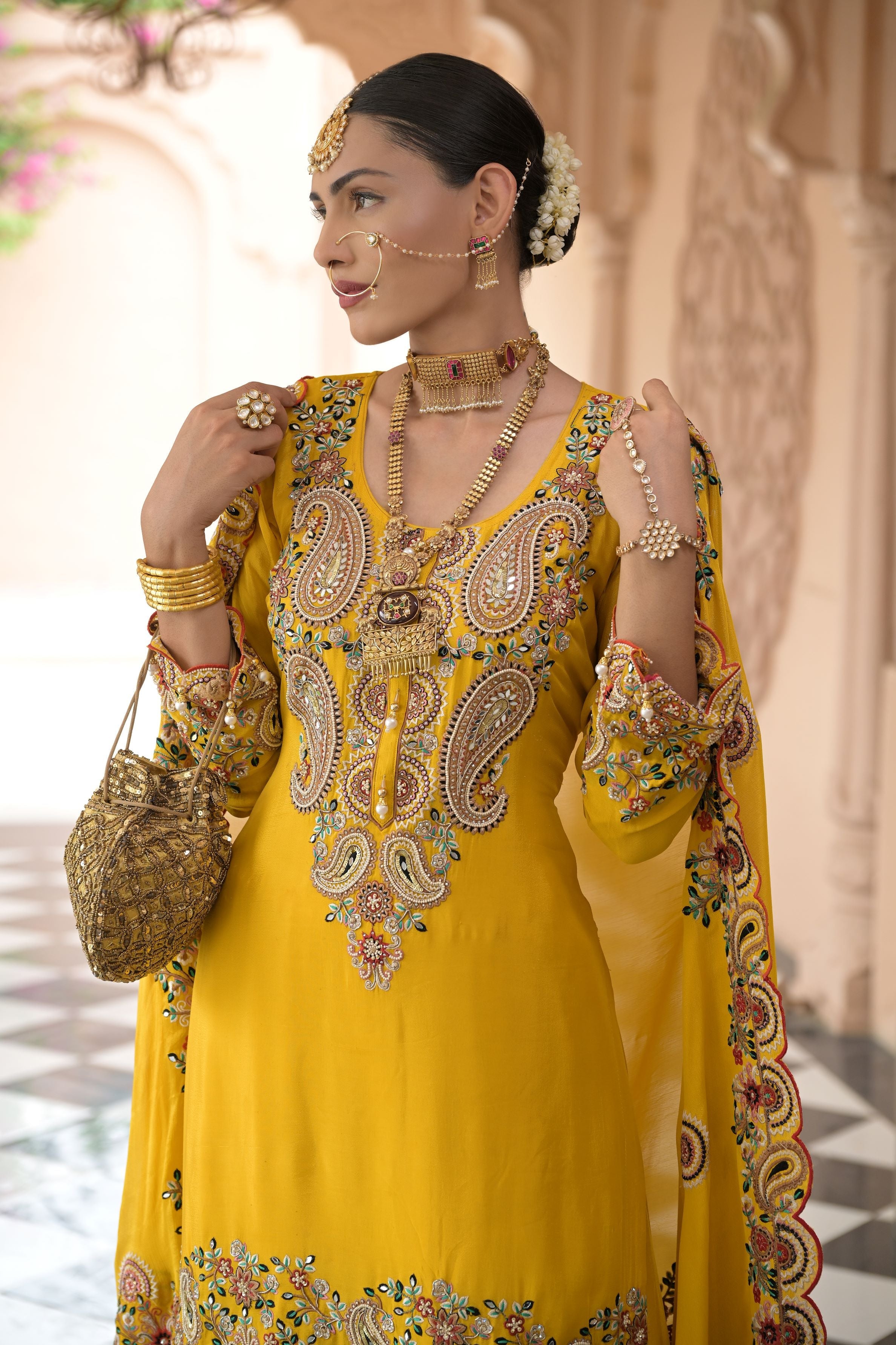 Festive Yellow Embroidered Chinon Silk Palazzo Set