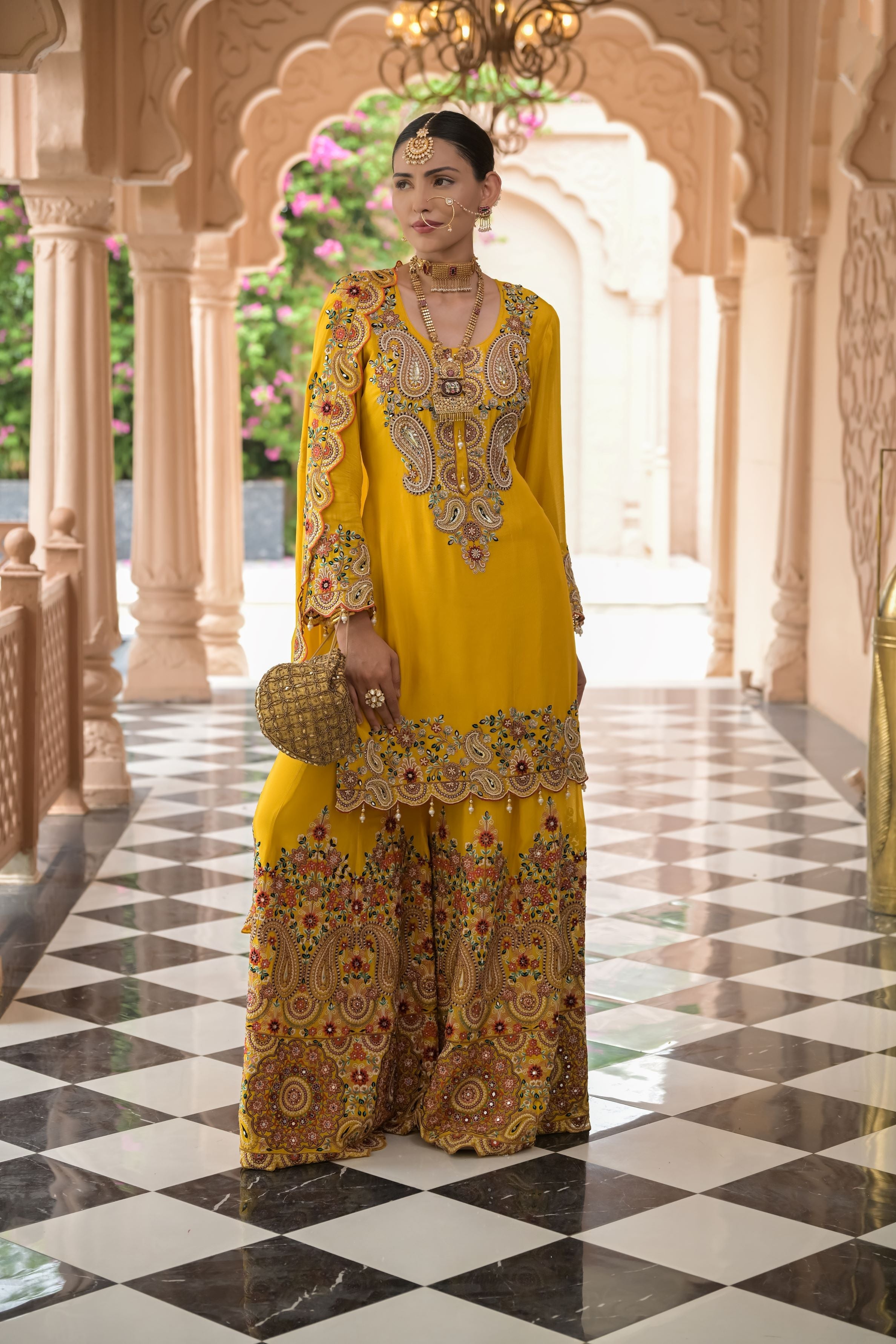 Festive Yellow Embroidered Chinon Silk Palazzo Set