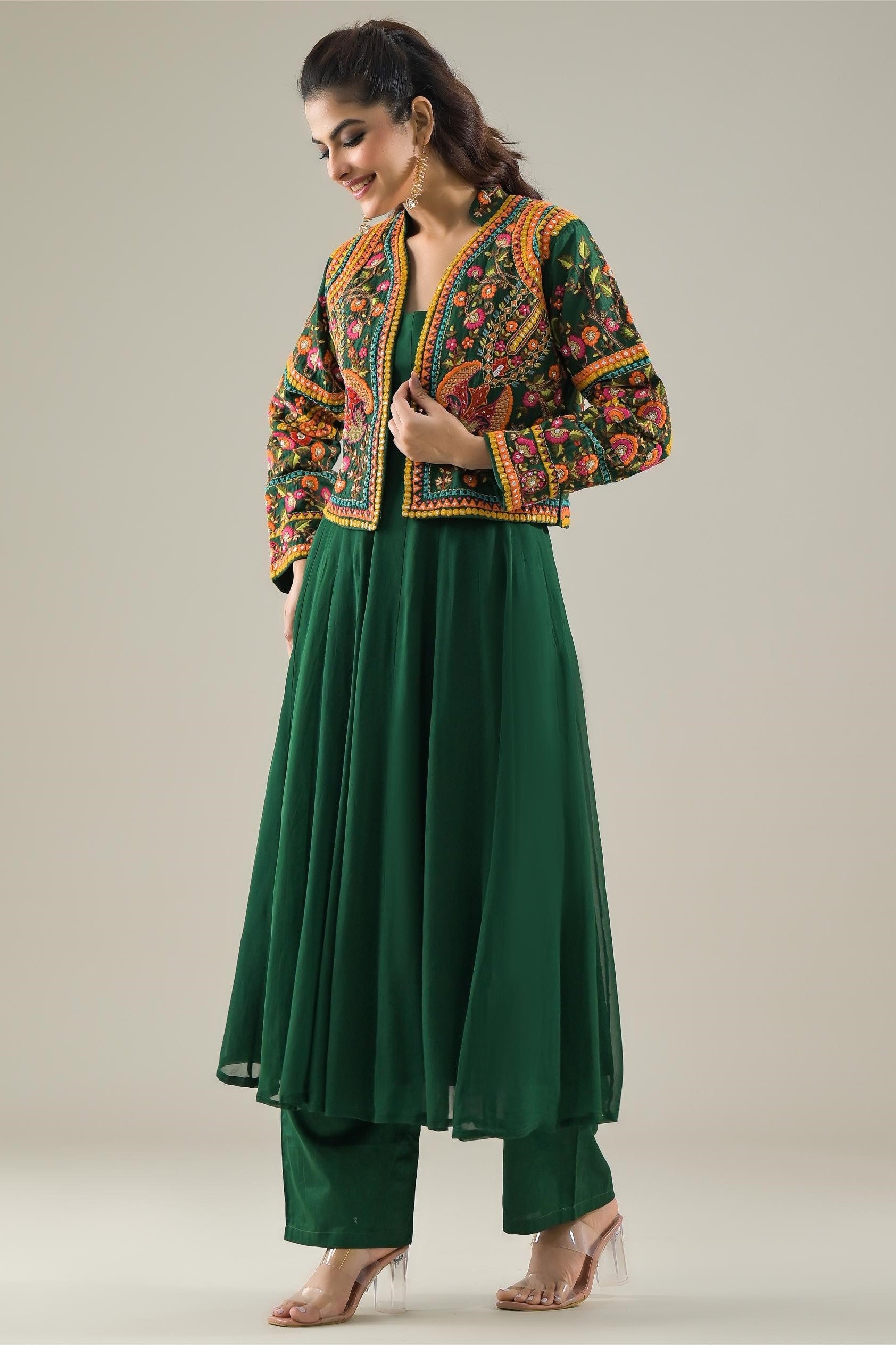 Deep Green Embroidered Raw Silk Jacket Kurta Set