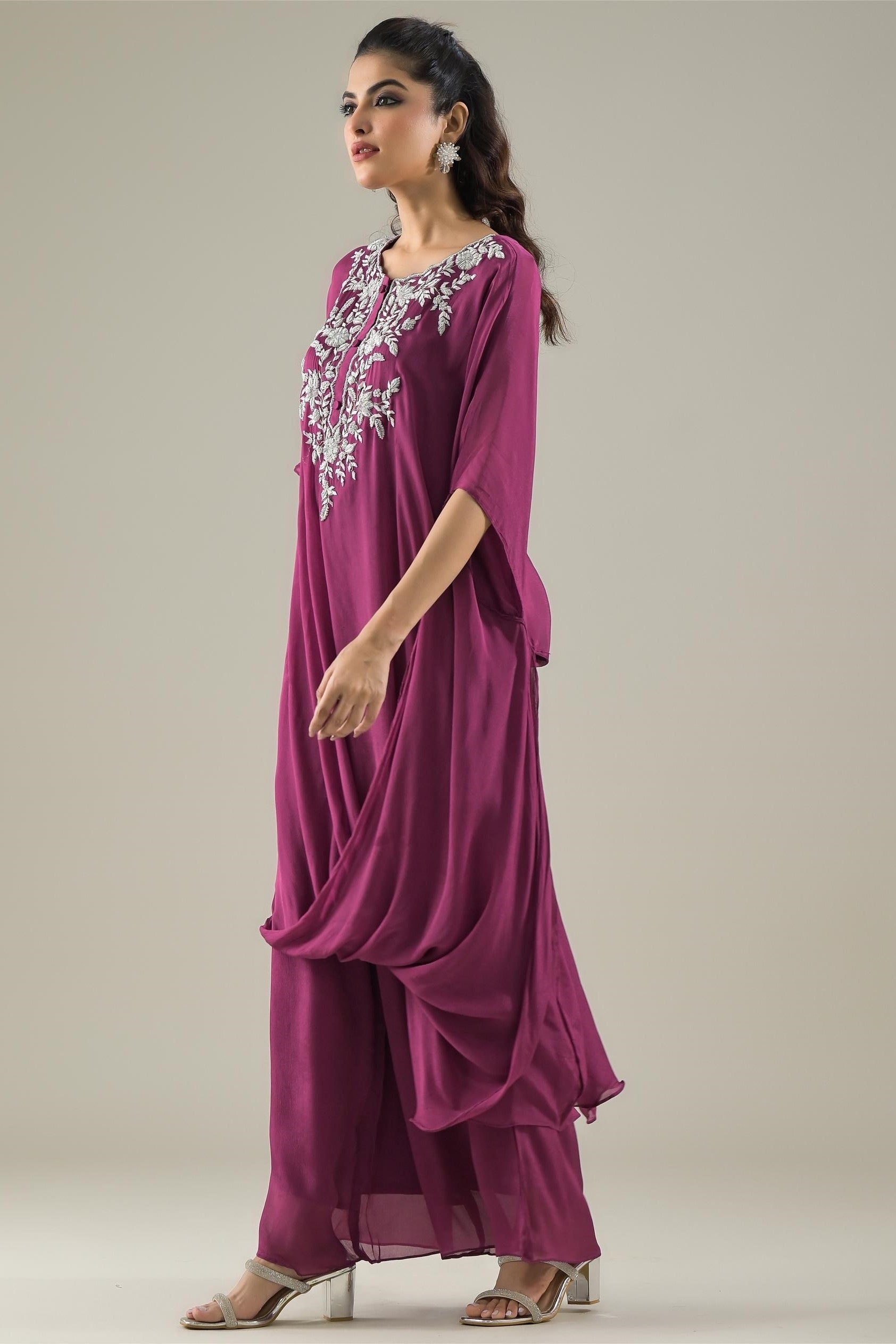 Mulberry Pink Embellished Chinon Silk Palazzo Set